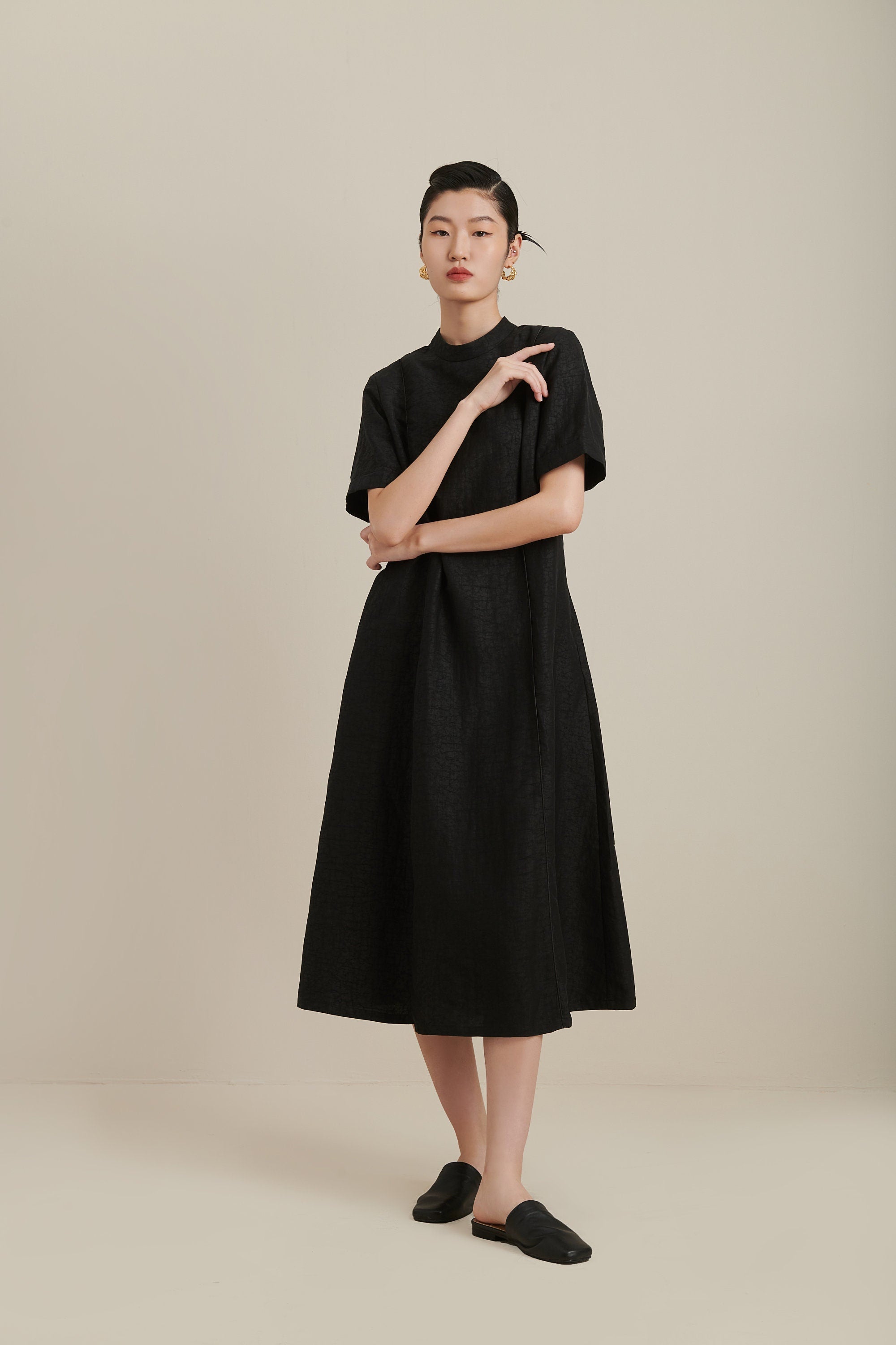 Short-Sleeve Pockets Mud Silk Dress, 100% Mulberry Silk, Natural Plant Dyed, Crackled Texture Silk, Custom Size & Silk, Made to Order L