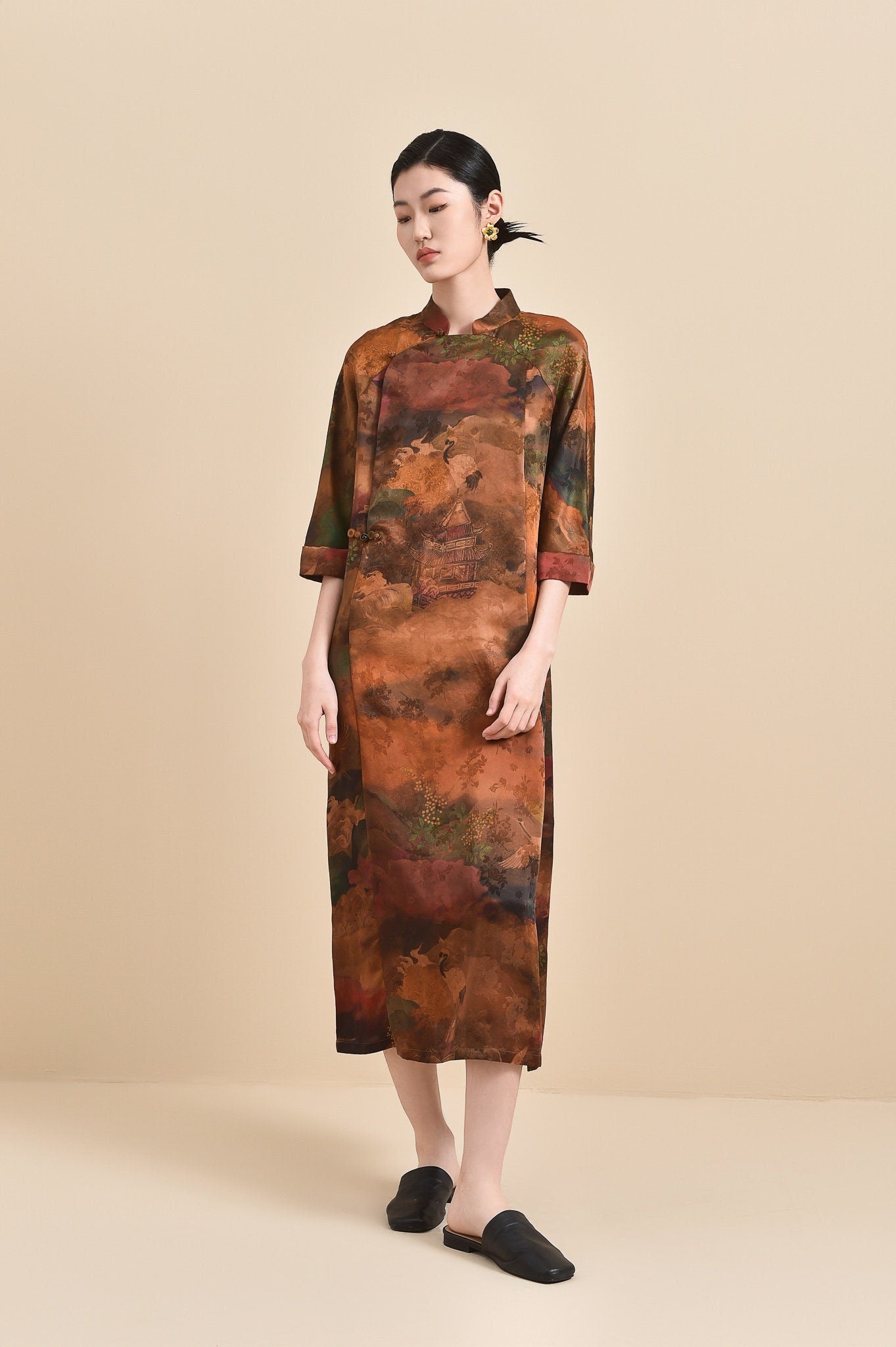 Elegant Handcrafted Red Cloud Gauze Silk Cheongsam Dress, 100% Mulberry Silk, Naturally Dyed, Midi Dress Event Dress, Any Size Made to Order