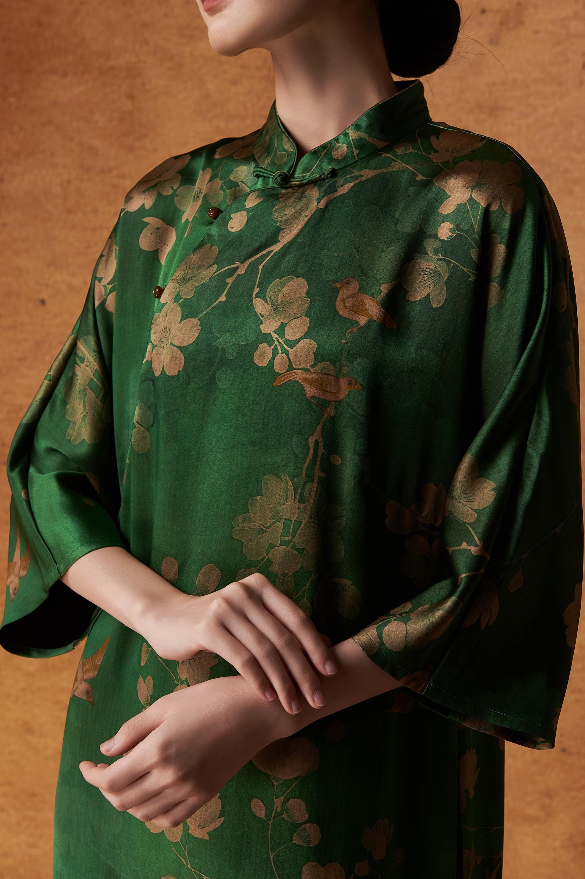 Elegant Special Heavyweight Green Floral Bird Mud Silk Qipao Dress, 100% Mulberry Silk, Naturally Dyed, Custom Size/Sleeves, Made to Order