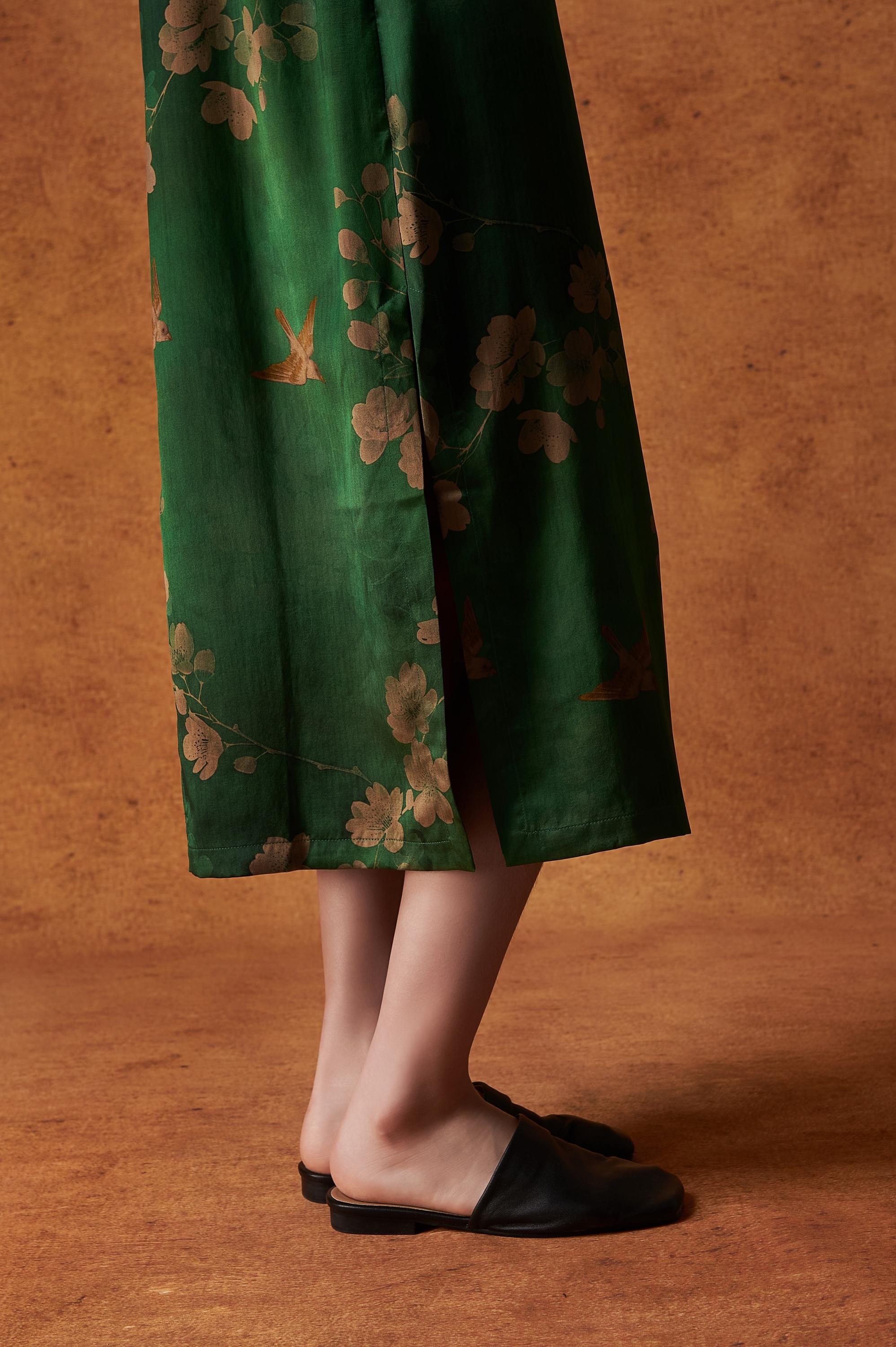 Elegant Special Heavyweight Green Floral Bird Mud Silk Qipao Dress, 100% Mulberry Silk, Naturally Dyed, Custom Size/Sleeves, Made to Order