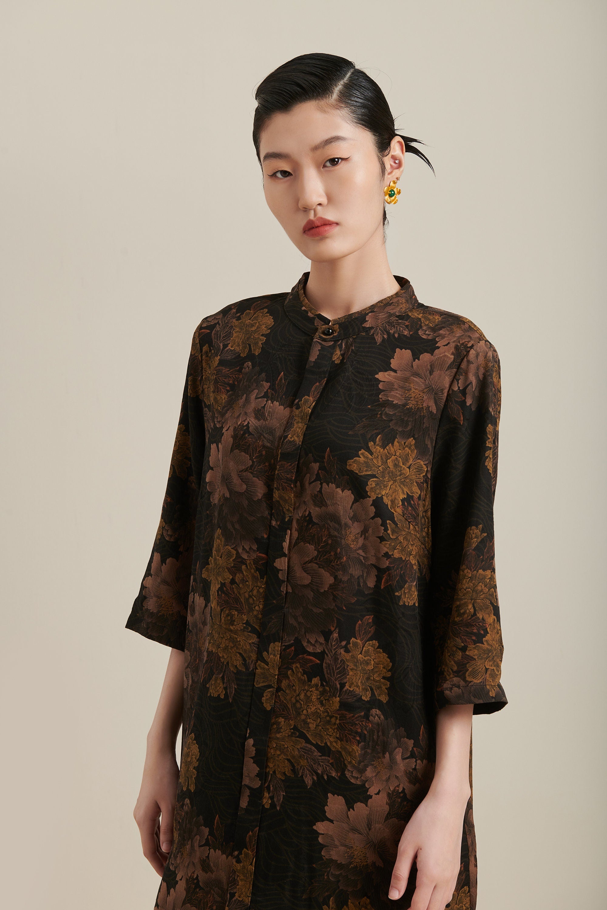 Midi Vintage Floral Mud Silk Dress, 100% Real Silk, Natural Plant Dyed, Also Available in Other Silk Fabrics, Custom Any Size, Made to Order