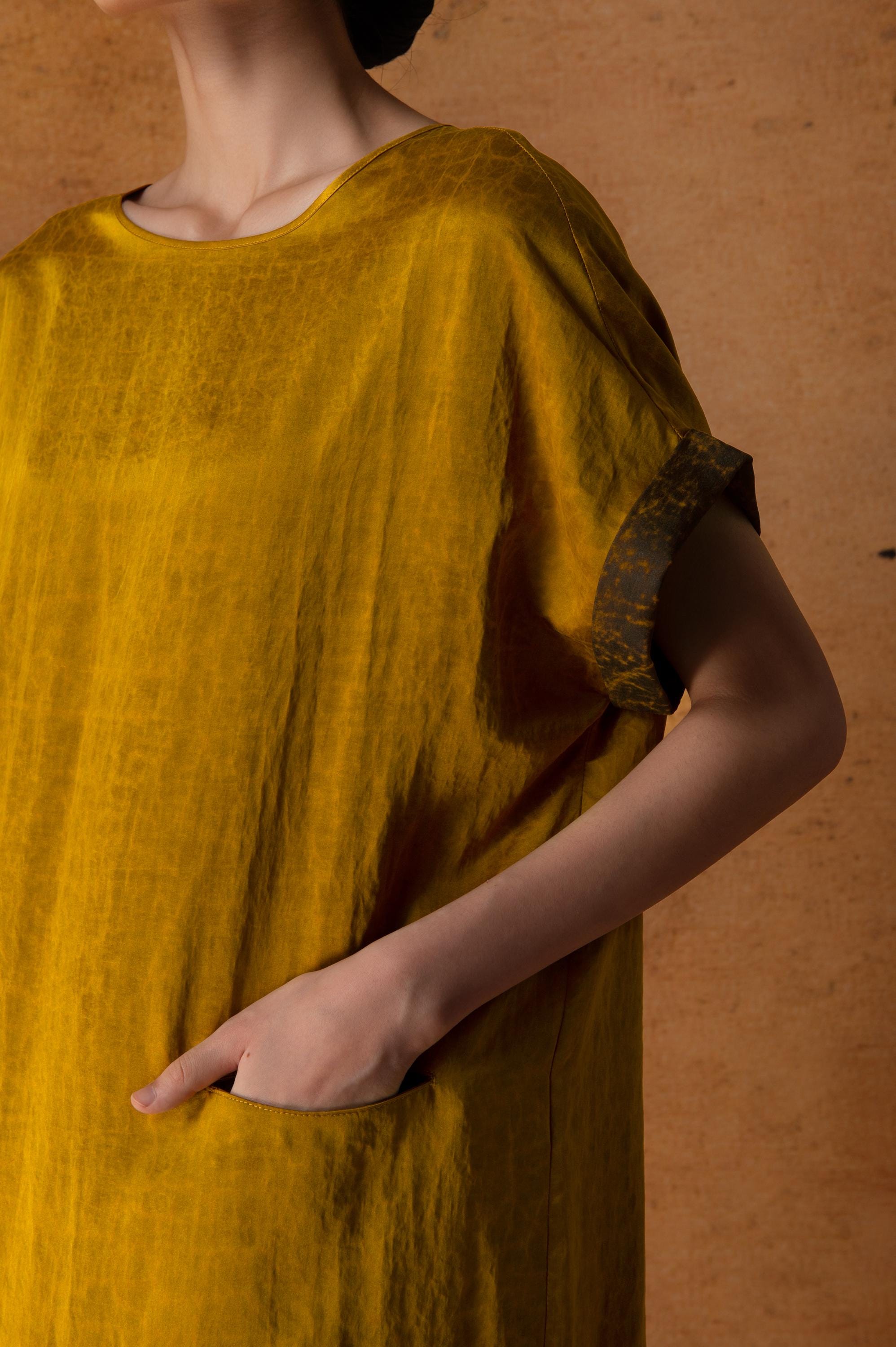 Elegant Golden Mud Silk Maxi Dress, 100% Mulberry Silk Naturally Dyed, Relaxed fit Statement Back Design 2 Pockets,Custom Size Made to Order