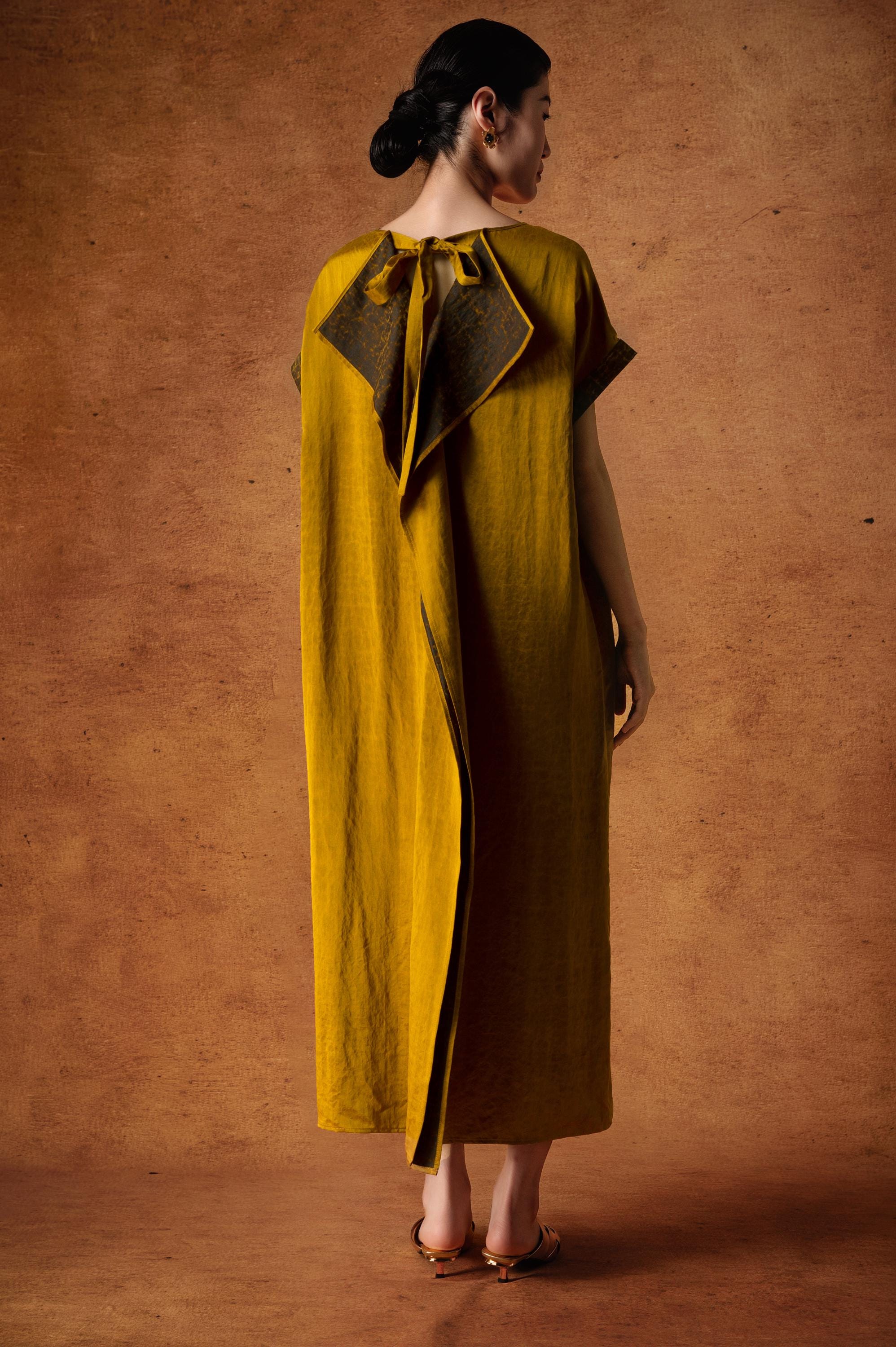 Elegant Golden Mud Silk Maxi Dress, 100% Mulberry Silk Naturally Dyed, Relaxed fit Statement Back Design 2 Pockets,Custom Size Made to Order