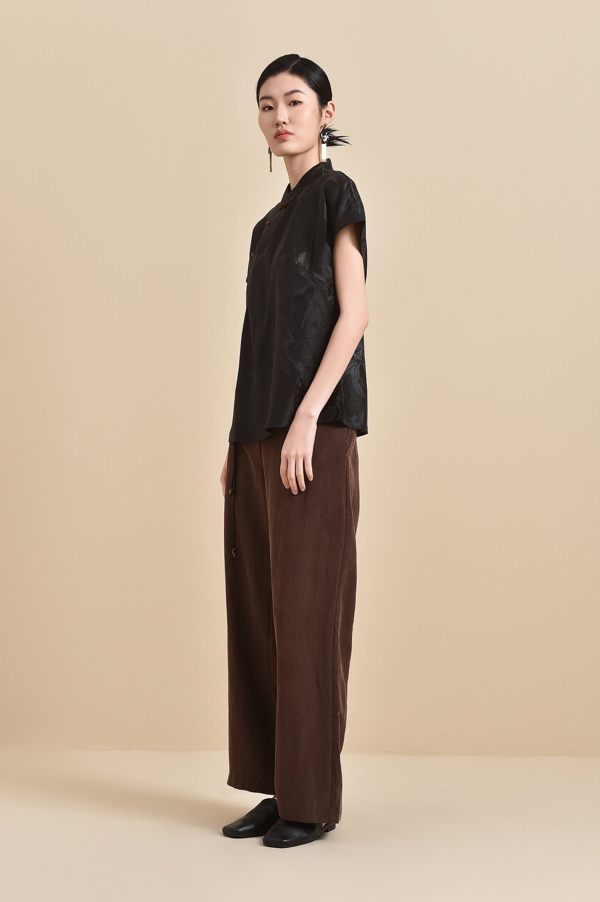 Wide-Leg Pants in Brown 100% Mulberry Silk Tortoise Cracked Mud Silk with Adjustable Waist Tie, Comfortable and Stylish Versatile Pants