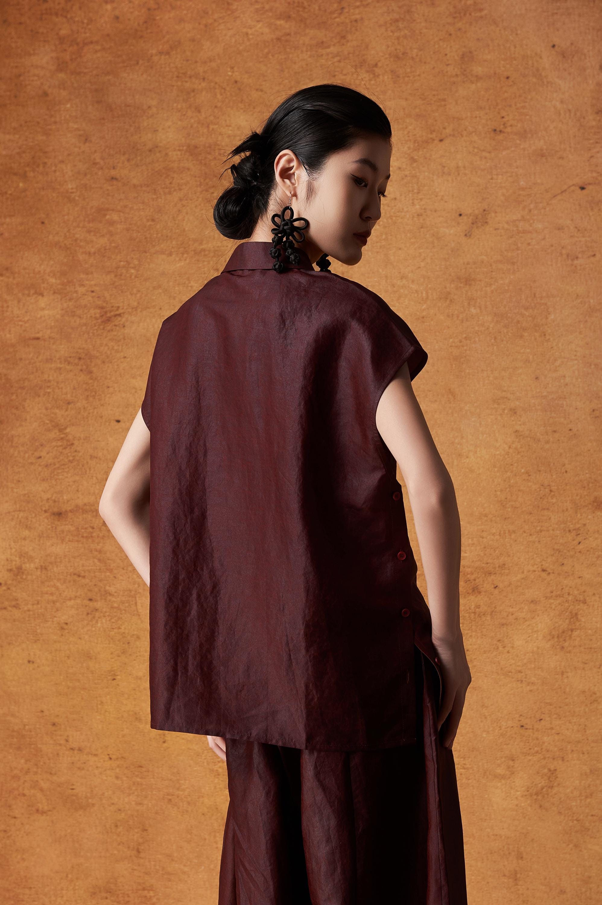 Burgundy Short-Sleeve Button-Up Versatile Silk Top 100% Mulberry Silk, Naturally Dyed, Relaxed Fit, Custom Size + Silk, Made to Order