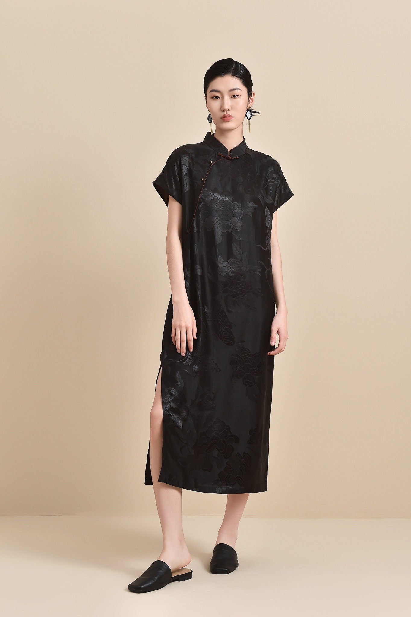 Modernized Chinese Style Jacquard Mud Silk Qipao/Cheongsam Dress, 100% Mulberry Silk, Natural Plant Dyed Floral Pattern, Summer/Autumn Dress