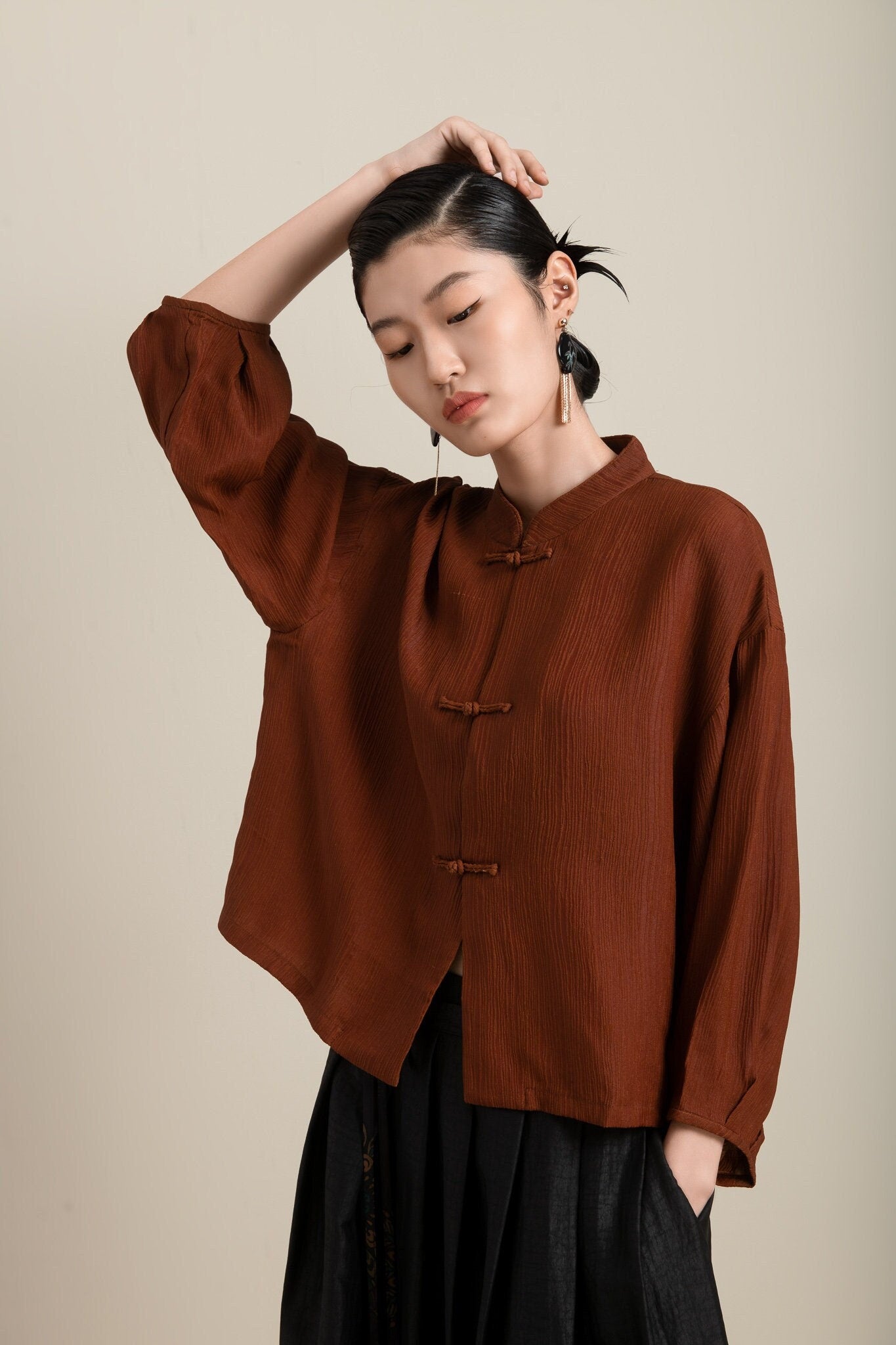Sold Out - Availble in Other Silk/Color, Vintage Pleated Mud Silk Blouse w/ Frog Buttons - 100% Mulberry Silk Naturally Dyed, Made to Order