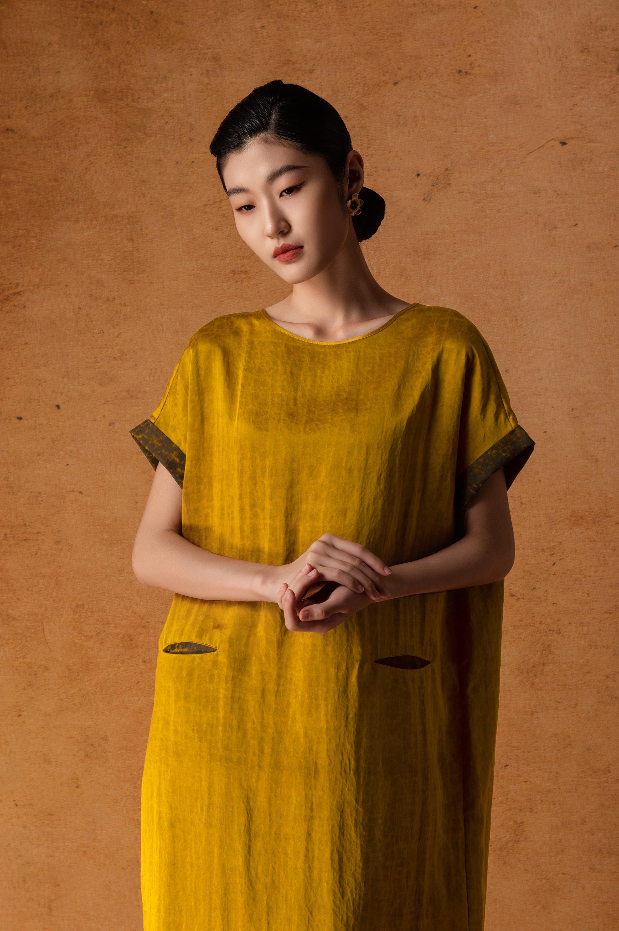 Elegant Golden Mud Silk Maxi Dress, 100% Mulberry Silk Naturally Dyed, Relaxed fit Statement Back Design 2 Pockets,Custom Size Made to Order