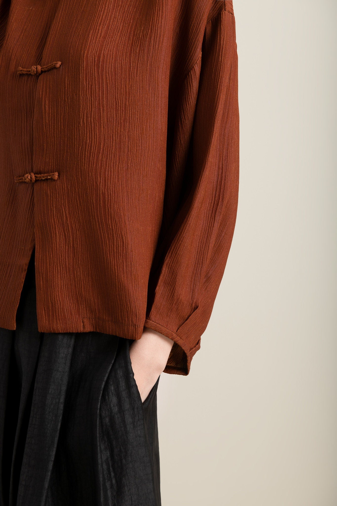 Sold Out - Availble in Other Silk/Color, Vintage Pleated Mud Silk Blouse w/ Frog Buttons - 100% Mulberry Silk Naturally Dyed, Made to Order