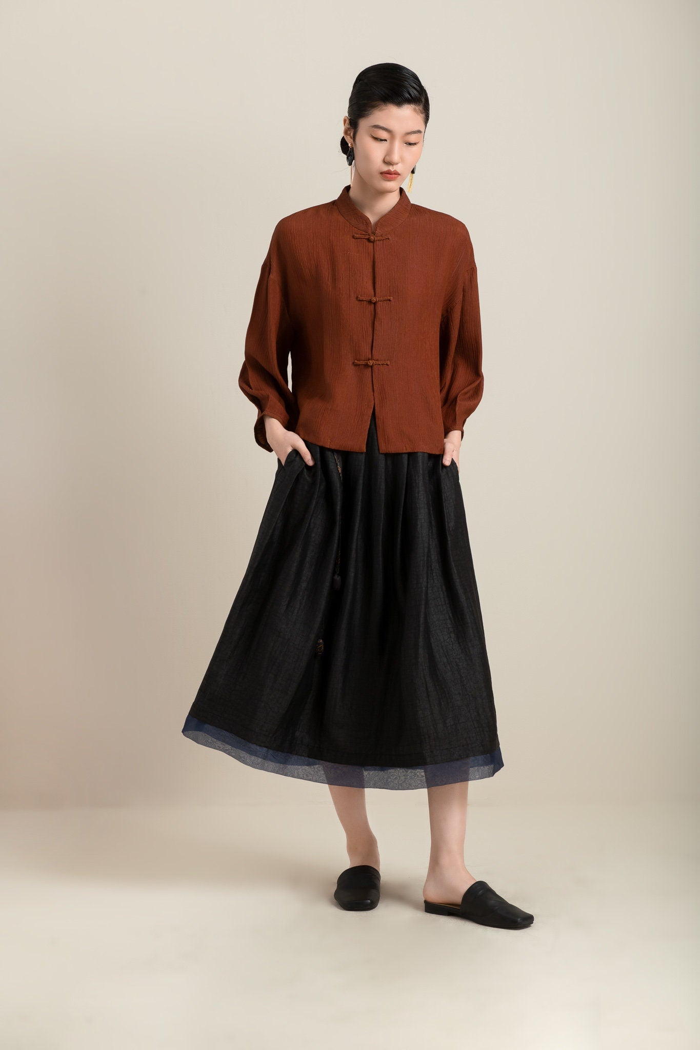 Sold Out - Availble in Other Silk/Color, Vintage Pleated Mud Silk Blouse w/ Frog Buttons - 100% Mulberry Silk Naturally Dyed, Made to Order