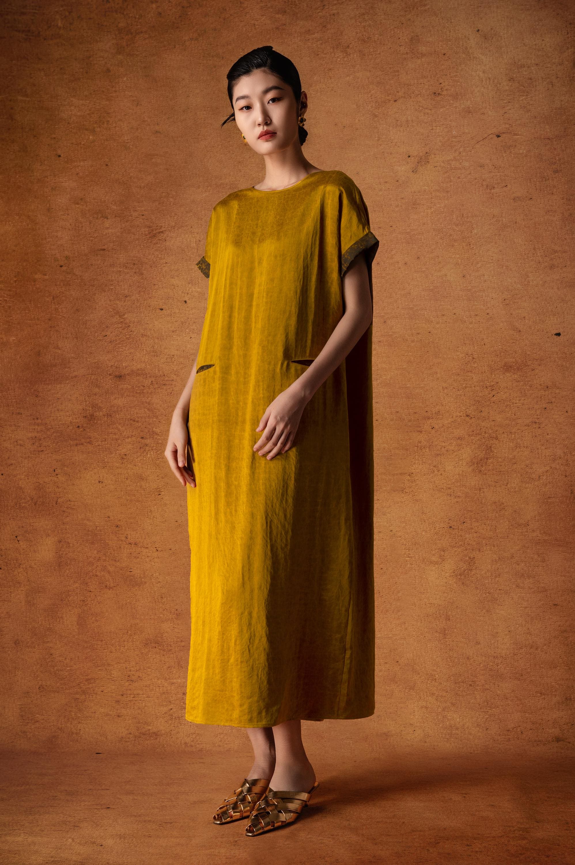 Elegant Golden Mud Silk Maxi Dress, 100% Mulberry Silk Naturally Dyed, Relaxed fit Statement Back Design 2 Pockets,Custom Size Made to Order