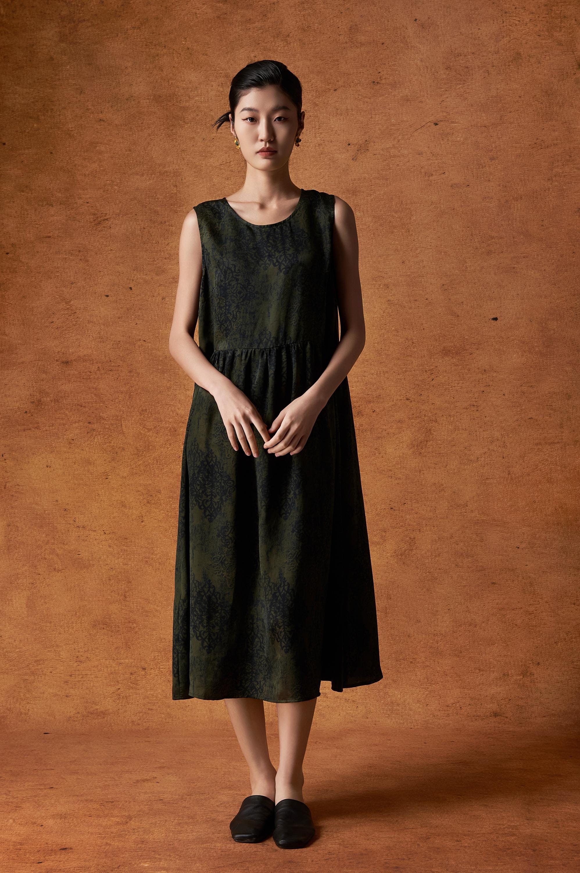 Olive Green Sleeveless Silk Dress with Pockets, 100% Mulberry Silk, Naturally Dyed Hua Luo Silk, A-Line Dress, Custom Size, Made to Order