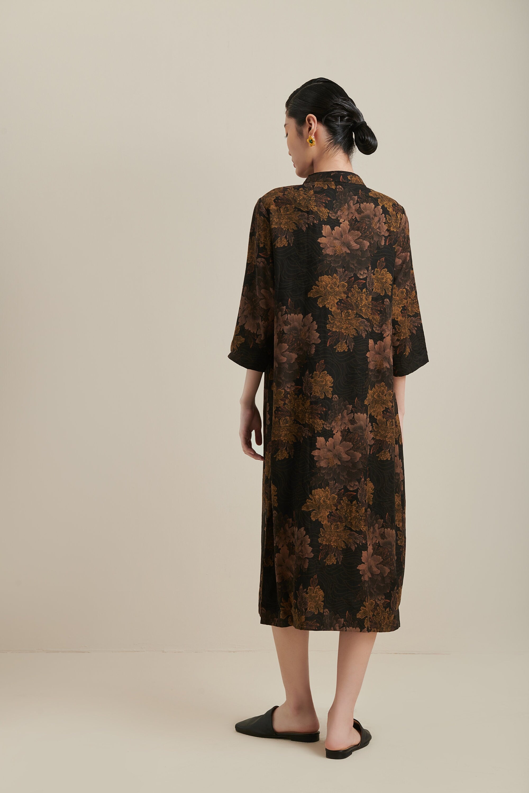 Midi Vintage Floral Mud Silk Dress, 100% Real Silk, Natural Plant Dyed, Also Available in Other Silk Fabrics, Custom Any Size, Made to Order