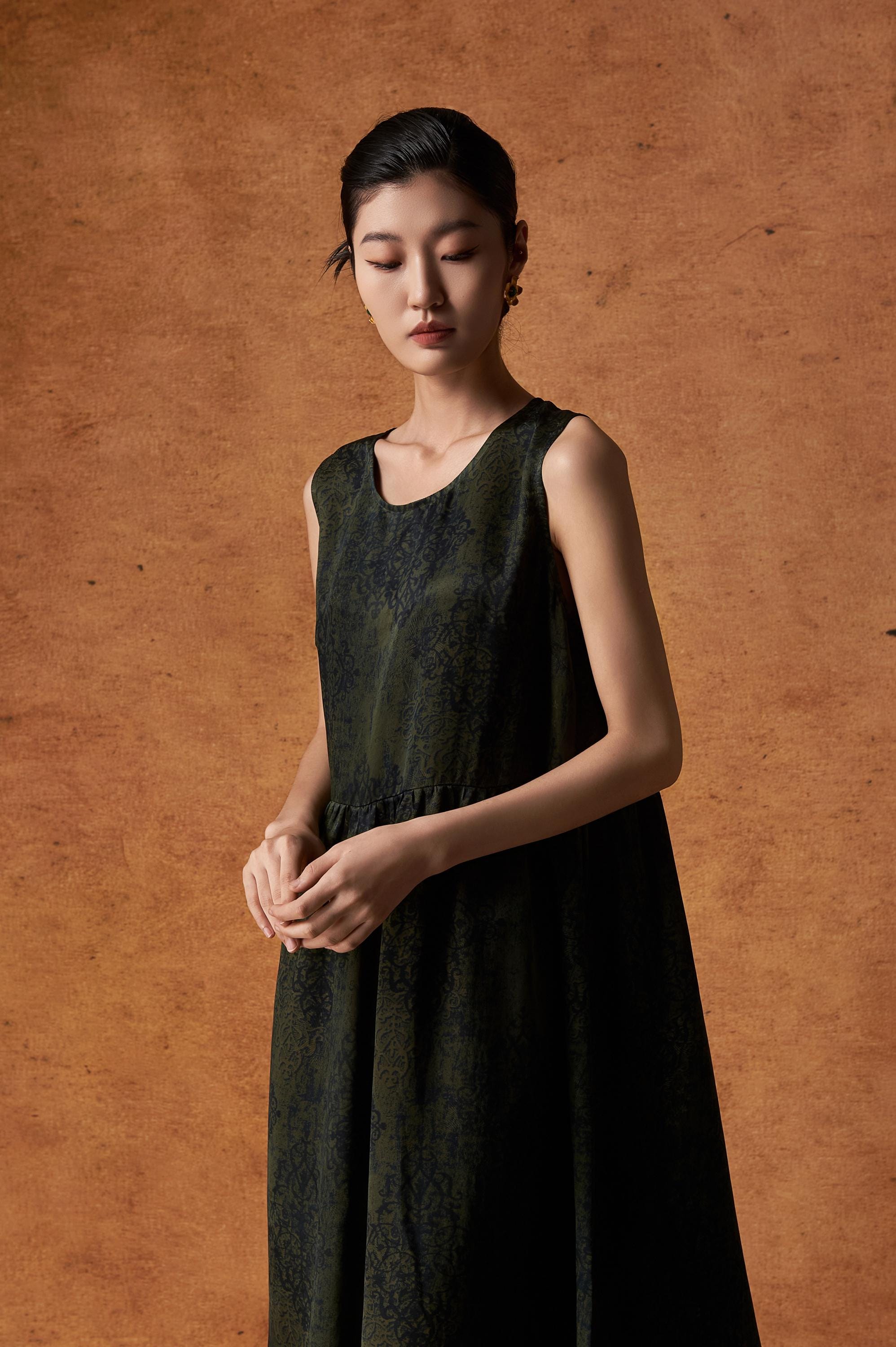 Olive Green Sleeveless Silk Dress with Pockets, 100% Mulberry Silk, Naturally Dyed Hua Luo Silk, A-Line Dress, Custom Size, Made to Order