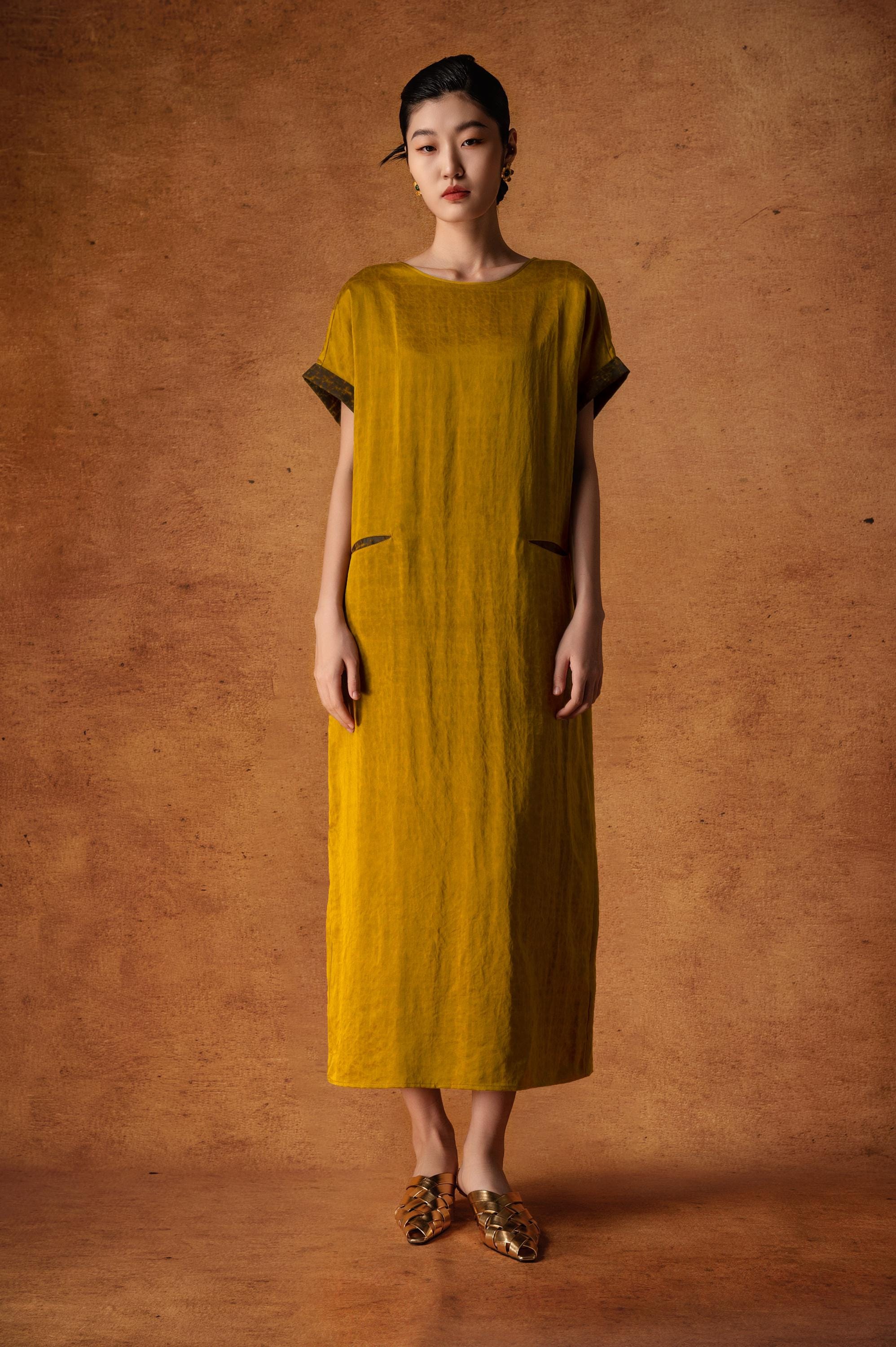 Elegant Golden Mud Silk Maxi Dress, 100% Mulberry Silk Naturally Dyed, Relaxed fit Statement Back Design 2 Pockets,Custom Size Made to Order
