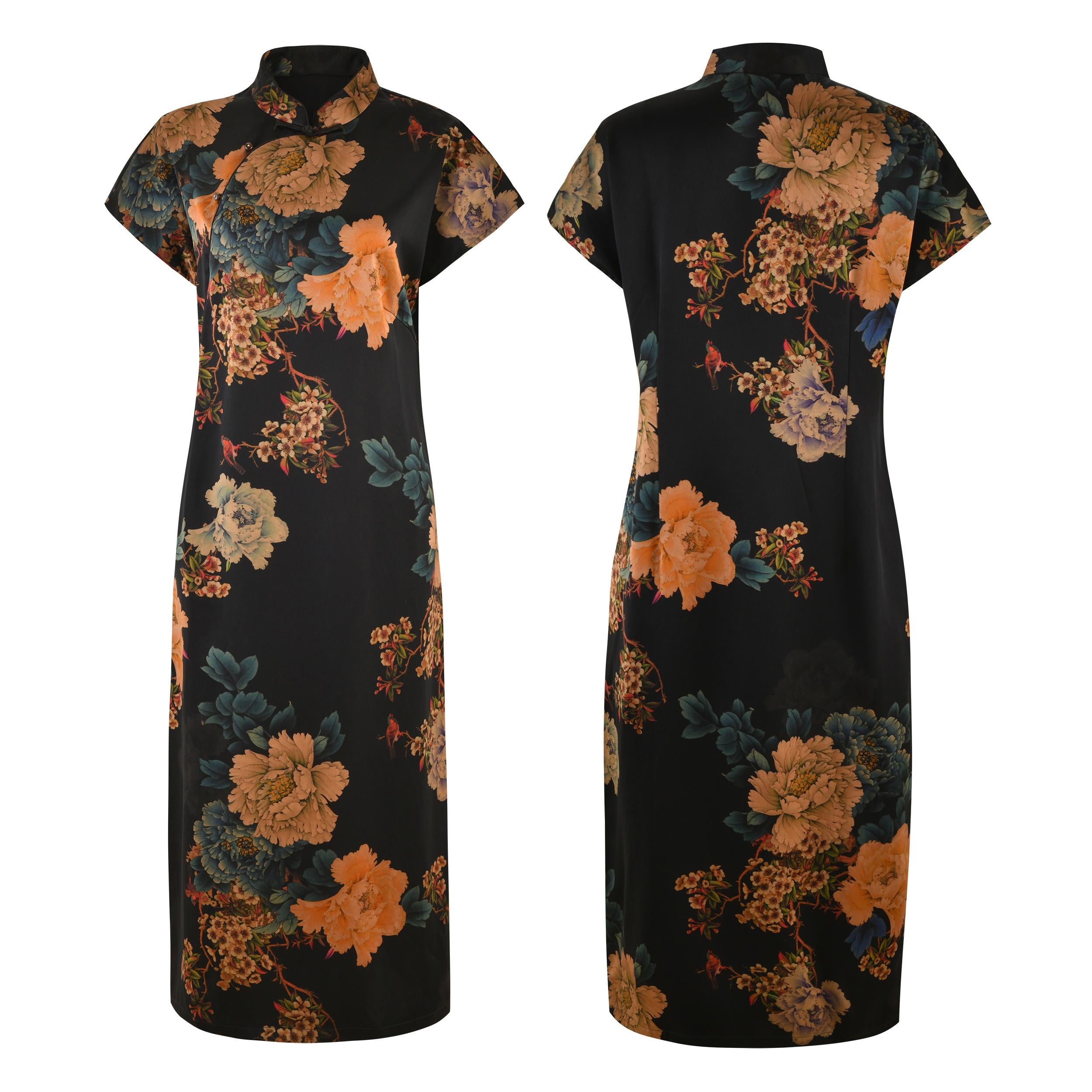 satin asian print dress Asian Home Flower Peacock Satin Silk Kimono Dress, Nightgown, Housedress One Size Fits Most Dressing Gown Robe