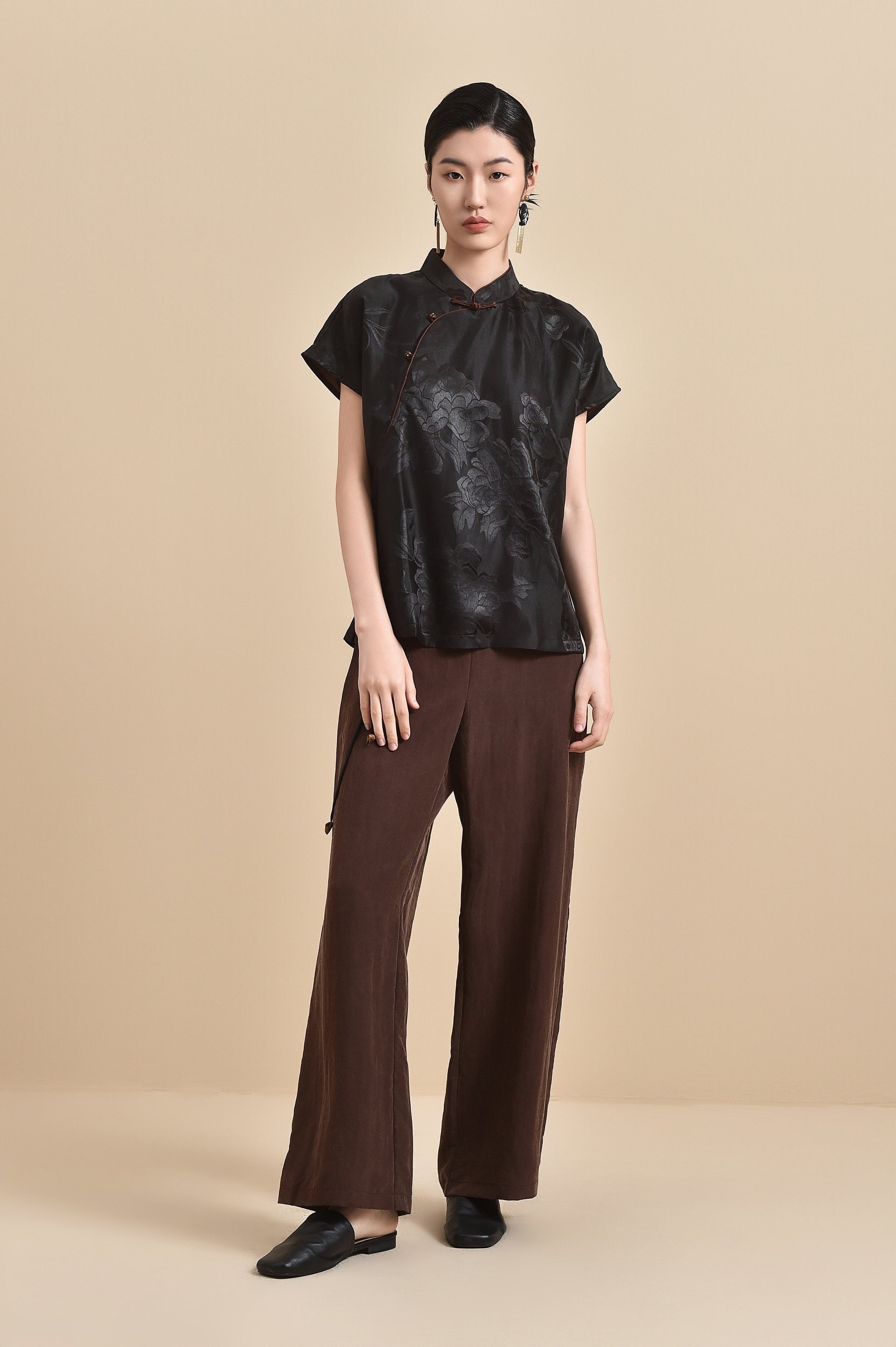 Wide-Leg Pants in Brown 100% Mulberry Silk Tortoise Cracked Mud Silk with Adjustable Waist Tie, Comfortable and Stylish Versatile Pants
