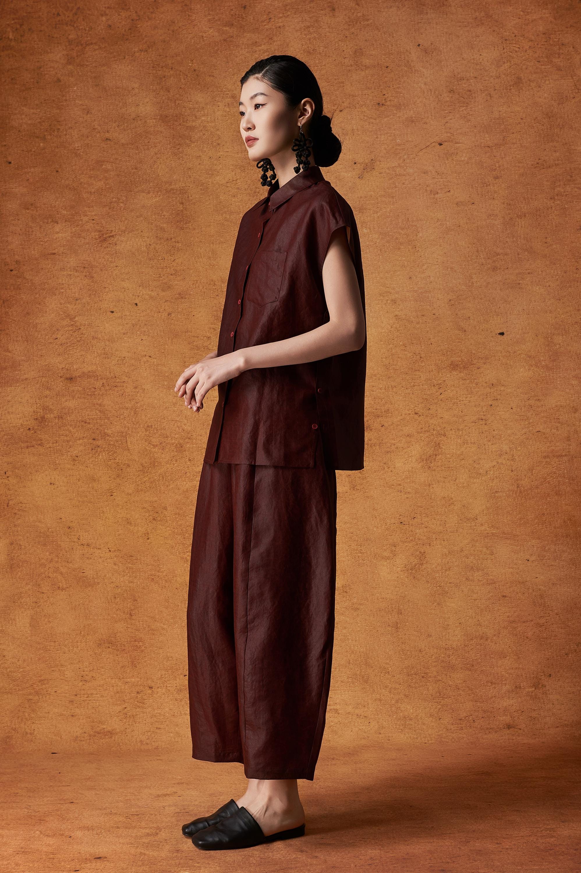 Burgundy Short-Sleeve Button-Up Versatile Silk Top 100% Mulberry Silk, Naturally Dyed, Relaxed Fit, Custom Size + Silk, Made to Order
