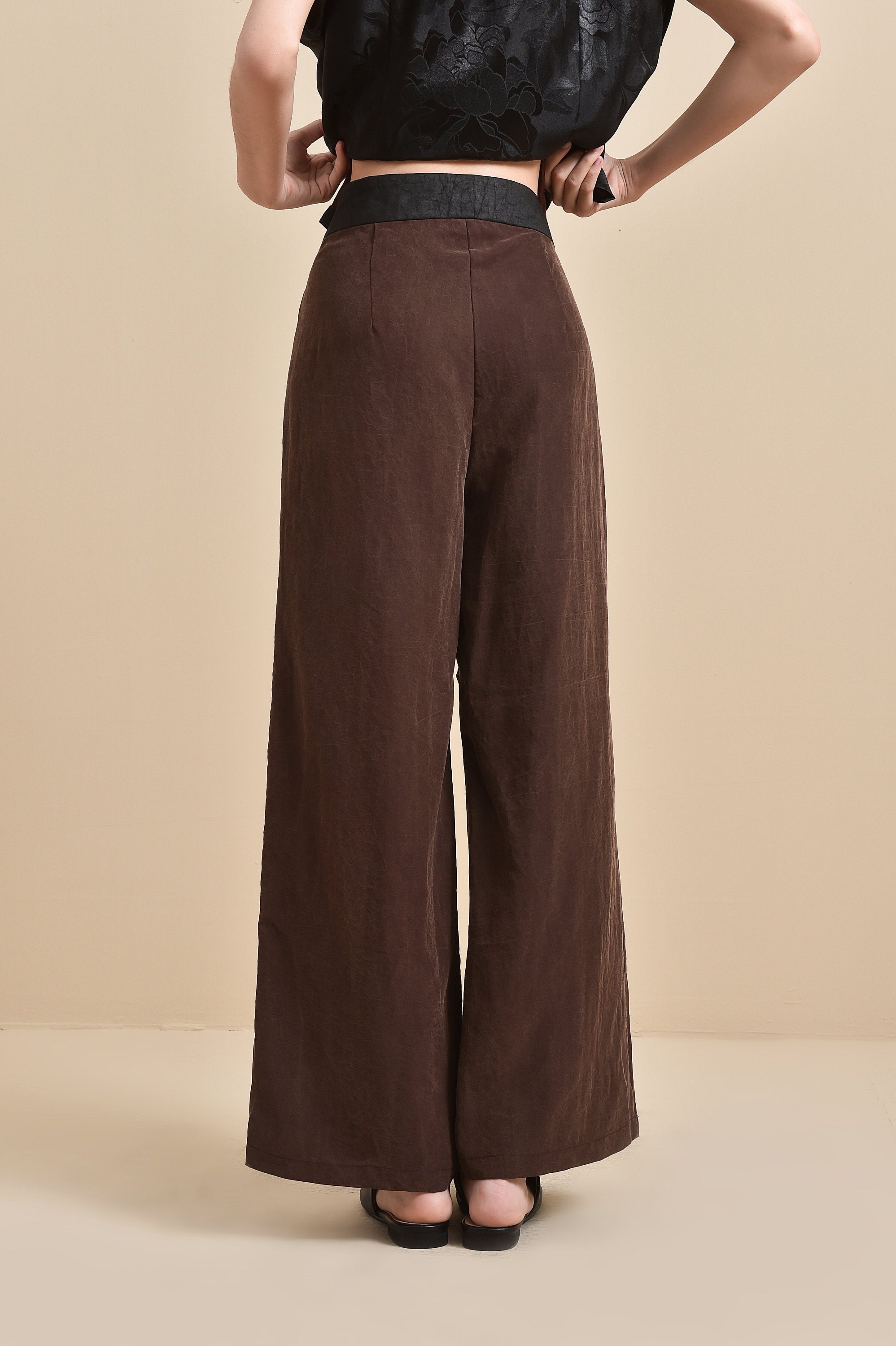 Wide-Leg Pants in Brown 100% Mulberry Silk Tortoise Cracked Mud Silk with Adjustable Waist Tie, Comfortable and Stylish Versatile Pants