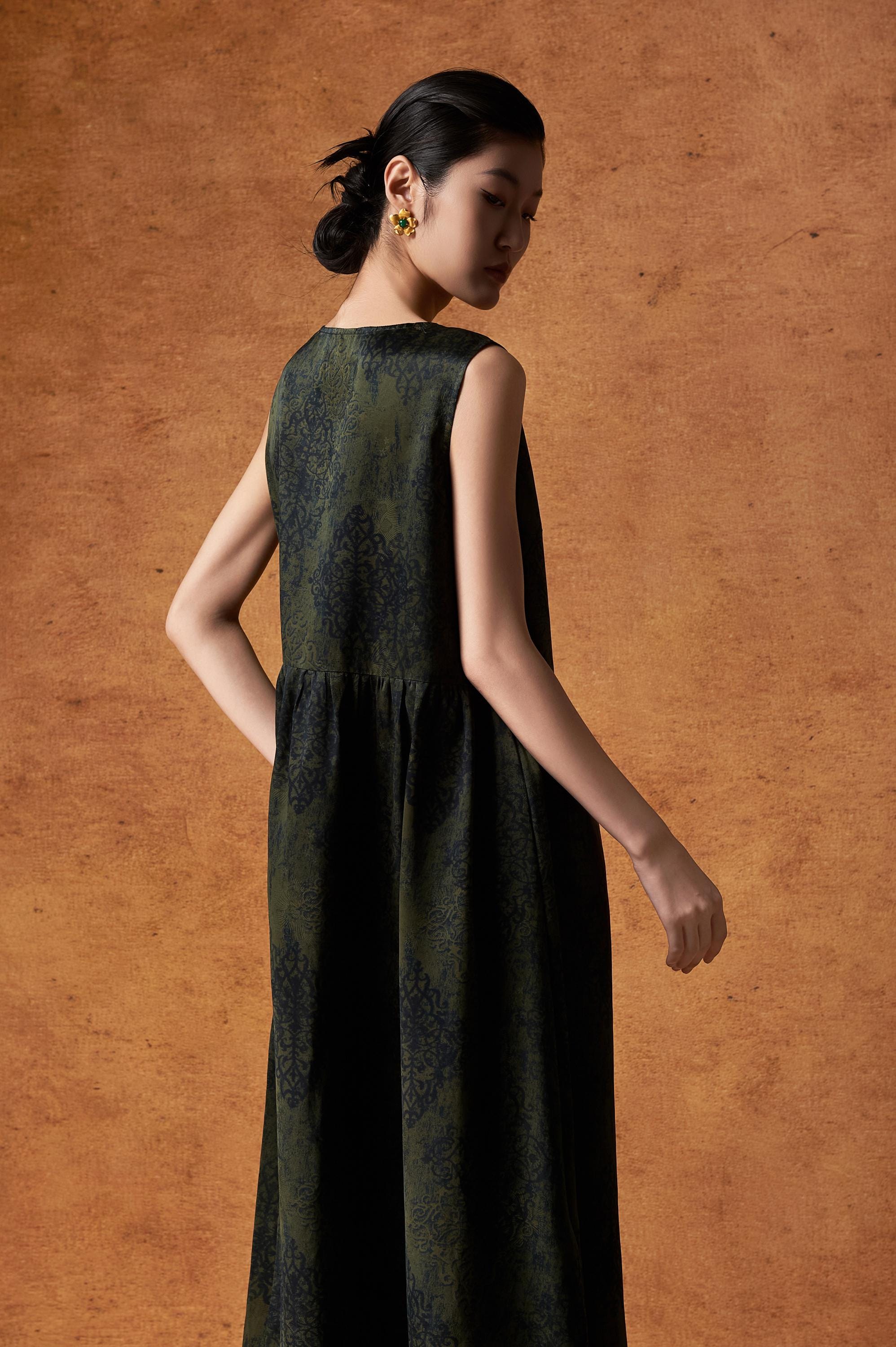 Olive Green Sleeveless Silk Dress with Pockets, 100% Mulberry Silk, Naturally Dyed Hua Luo Silk, A-Line Dress, Custom Size, Made to Order