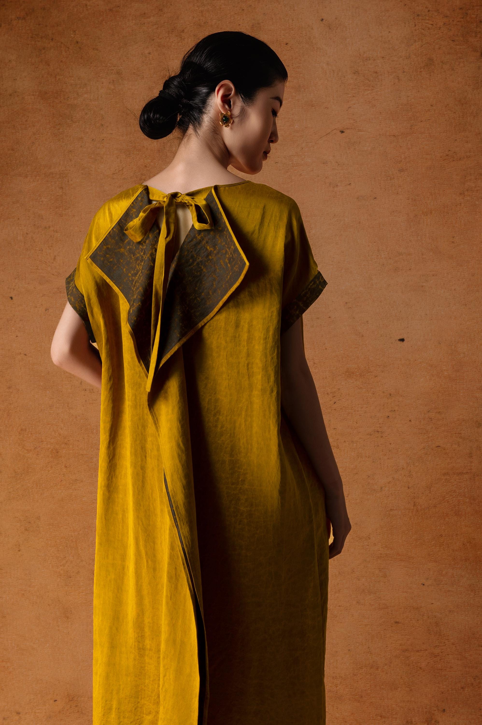 Elegant Golden Mud Silk Maxi Dress, 100% Mulberry Silk Naturally Dyed, Relaxed fit Statement Back Design 2 Pockets,Custom Size Made to Order