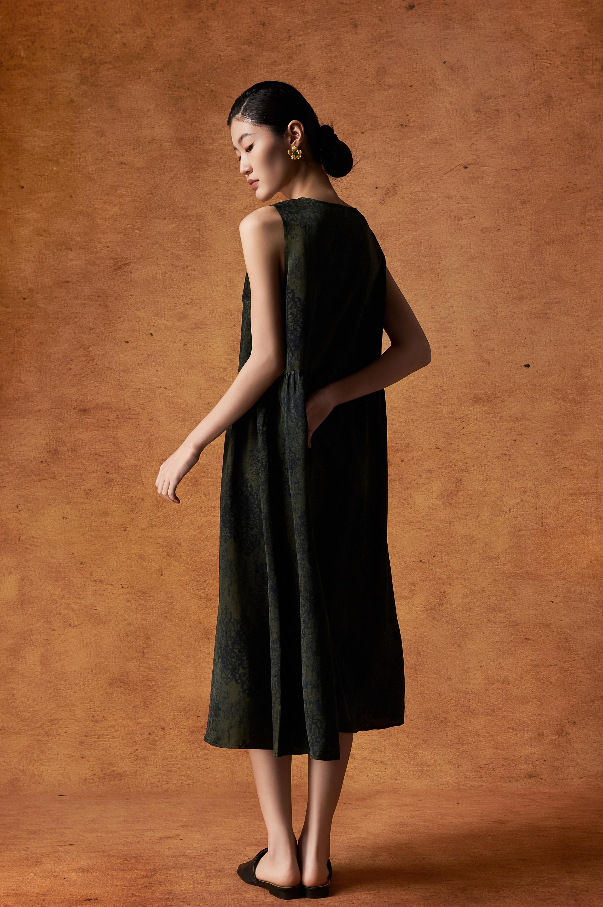 Olive Green Sleeveless Silk Dress with Pockets, 100% Mulberry Silk, Naturally Dyed Hua Luo Silk, A-Line Dress, Custom Size, Made to Order