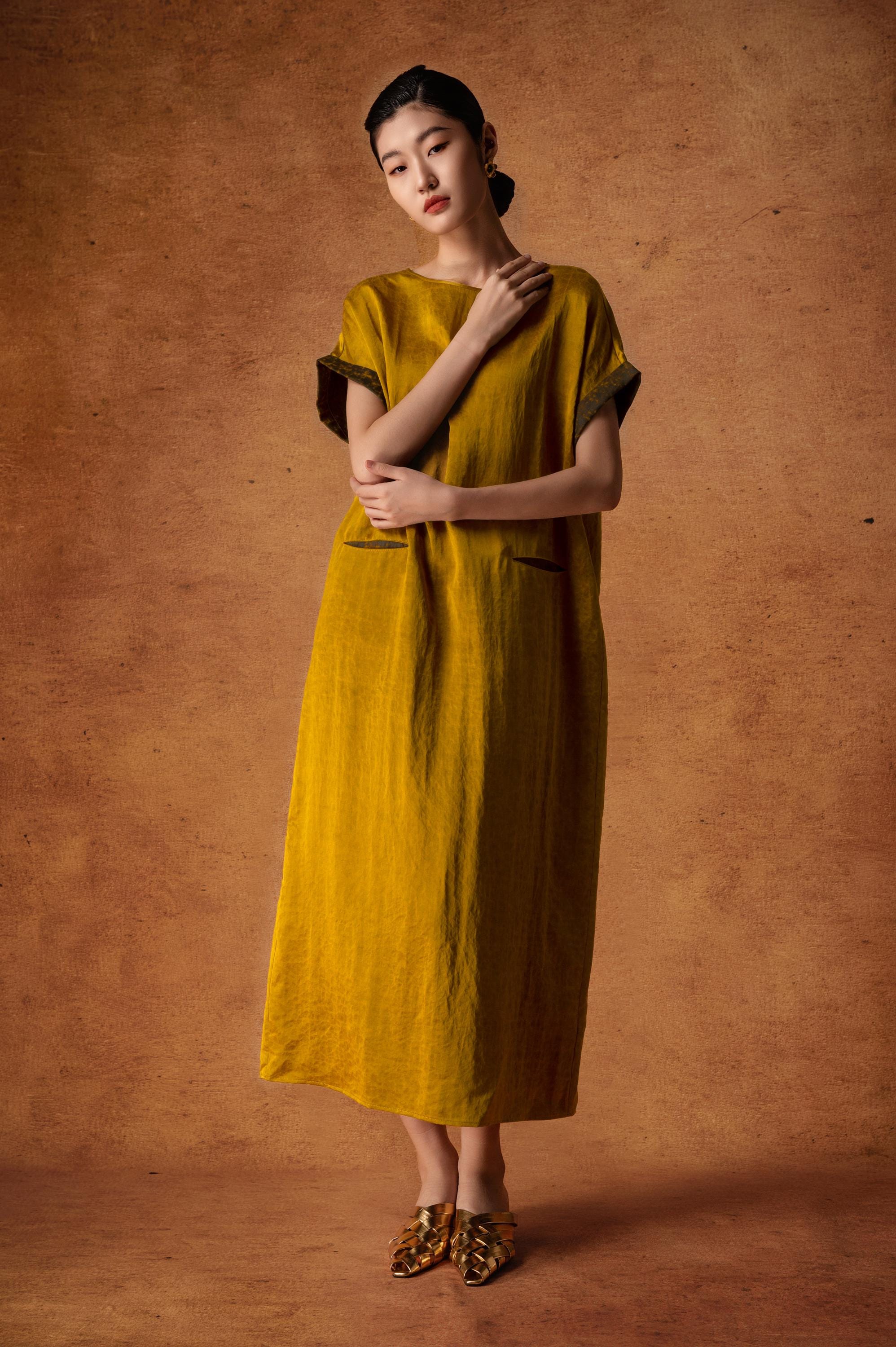 Elegant Golden Mud Silk Maxi Dress, 100% Mulberry Silk Naturally Dyed, Relaxed fit Statement Back Design 2 Pockets,Custom Size Made to Order