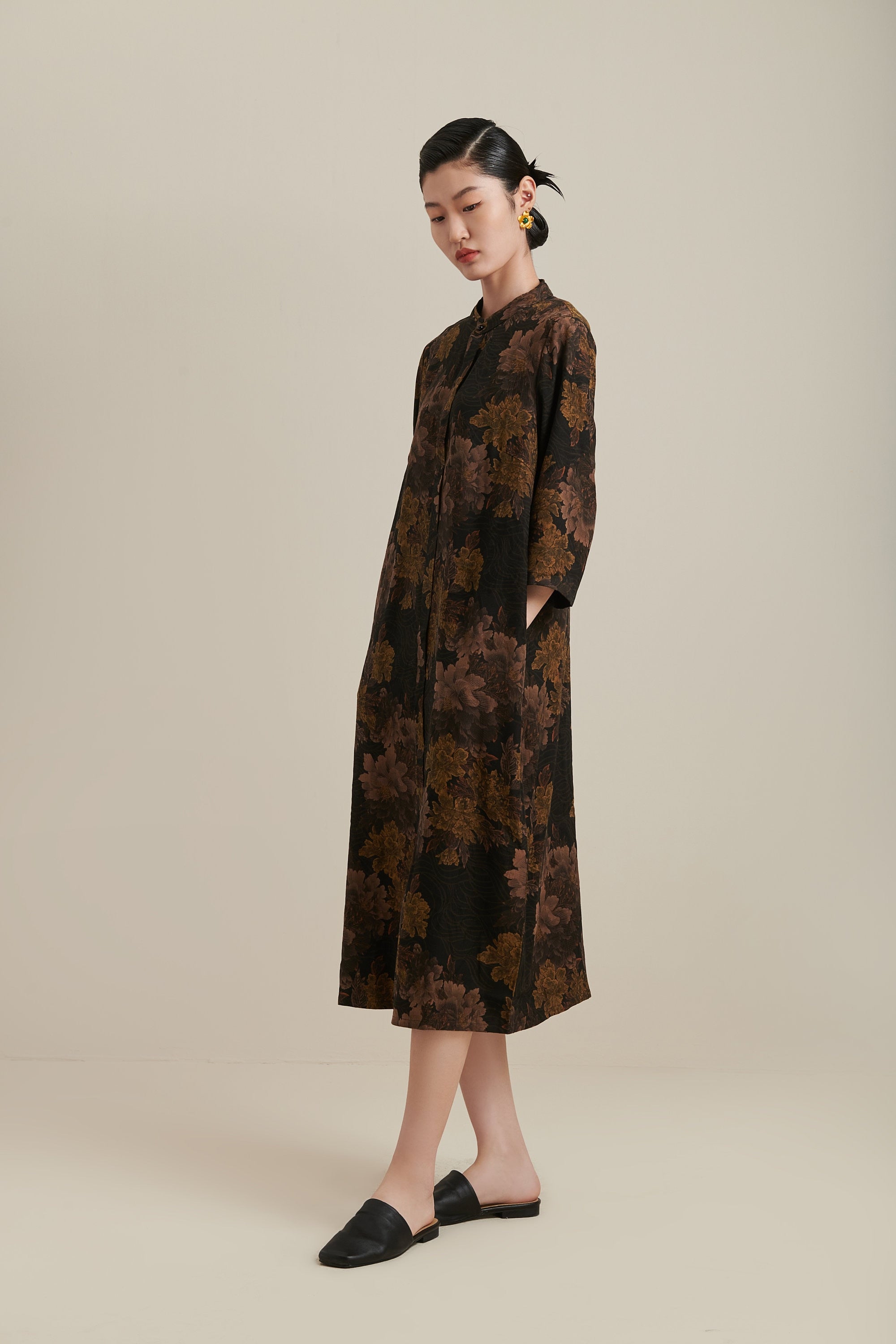 Midi Vintage Floral Mud Silk Dress, 100% Real Silk, Natural Plant Dyed, Also Available in Other Silk Fabrics, Custom Any Size, Made to Order