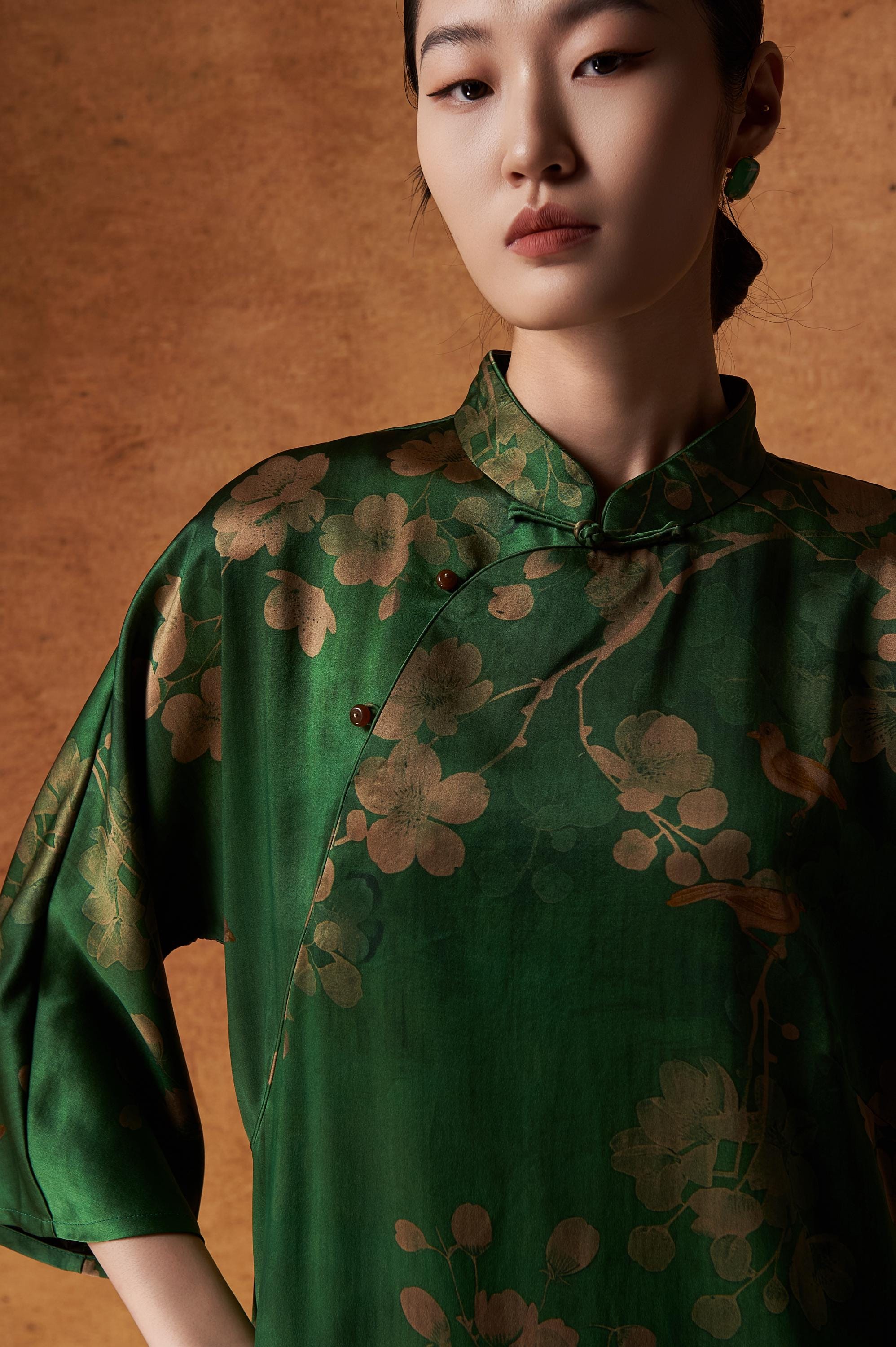 Elegant Special Heavyweight Green Floral Bird Mud Silk Qipao Dress, 100% Mulberry Silk, Naturally Dyed, Custom Size/Sleeves, Made to Order