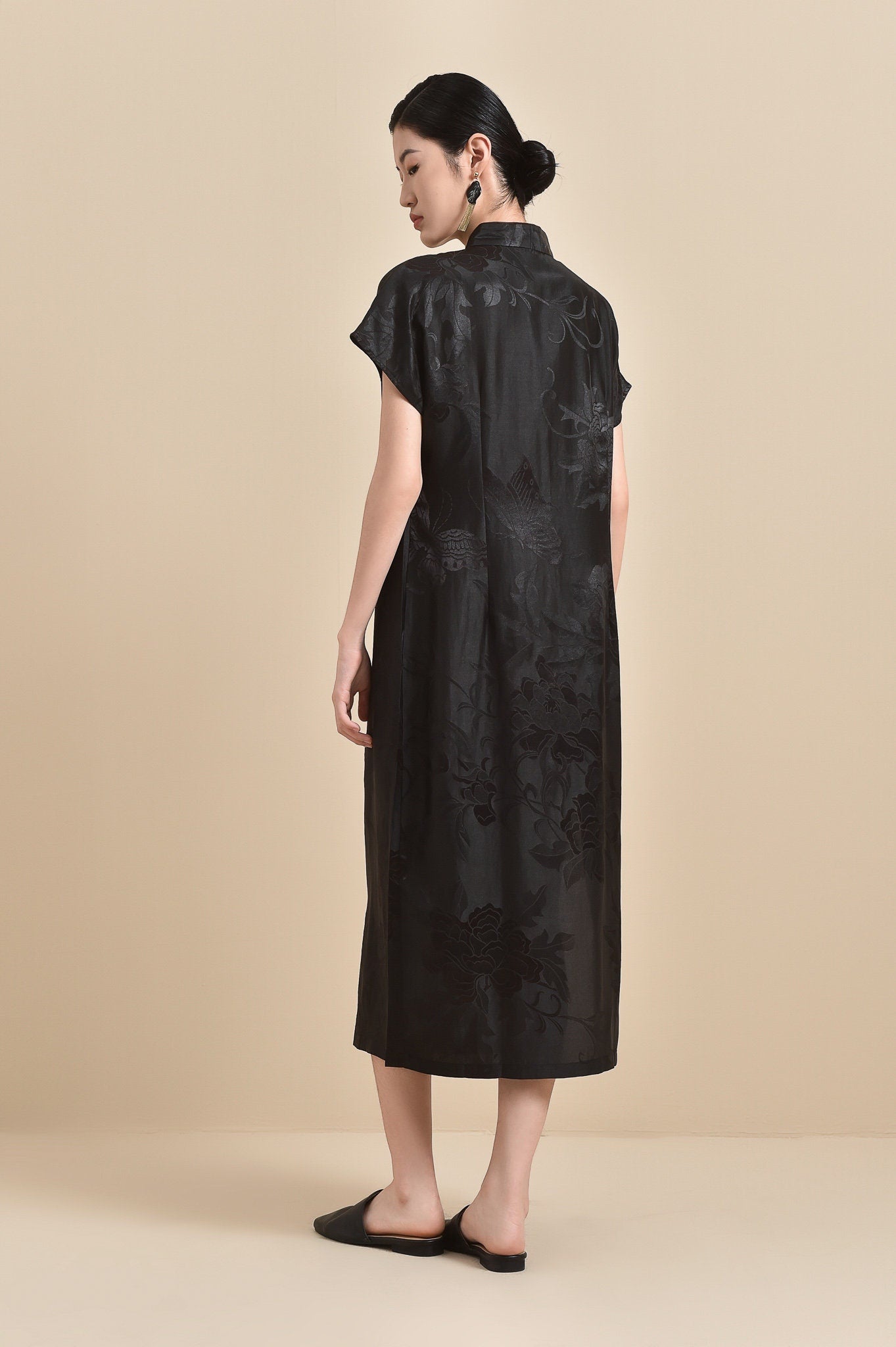 Modernized Chinese Style Jacquard Mud Silk Qipao/Cheongsam Dress, 100% Mulberry Silk, Natural Plant Dyed Floral Pattern, Summer/Autumn Dress