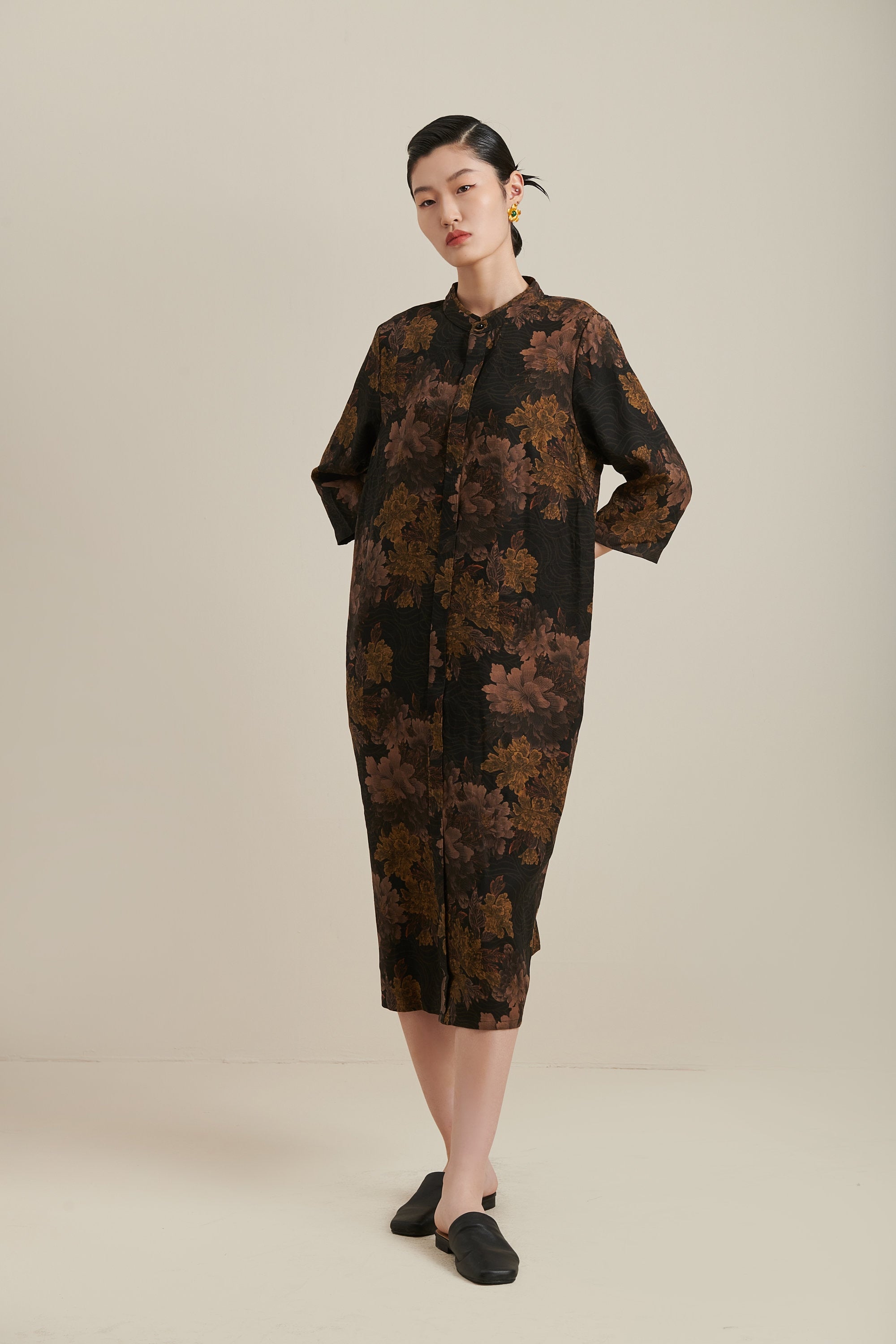 Midi Vintage Floral Mud Silk Dress, 100% Real Silk, Natural Plant Dyed, Also Available in Other Silk Fabrics, Custom Any Size, Made to Order