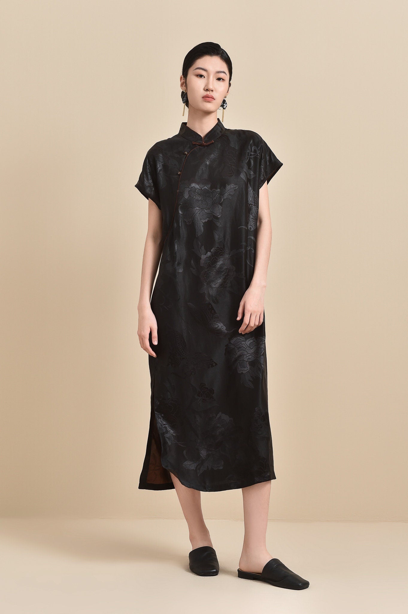 Modernized Chinese Style Jacquard Mud Silk Qipao/Cheongsam Dress, 100% Mulberry Silk, Natural Plant Dyed Floral Pattern, Summer/Autumn Dress