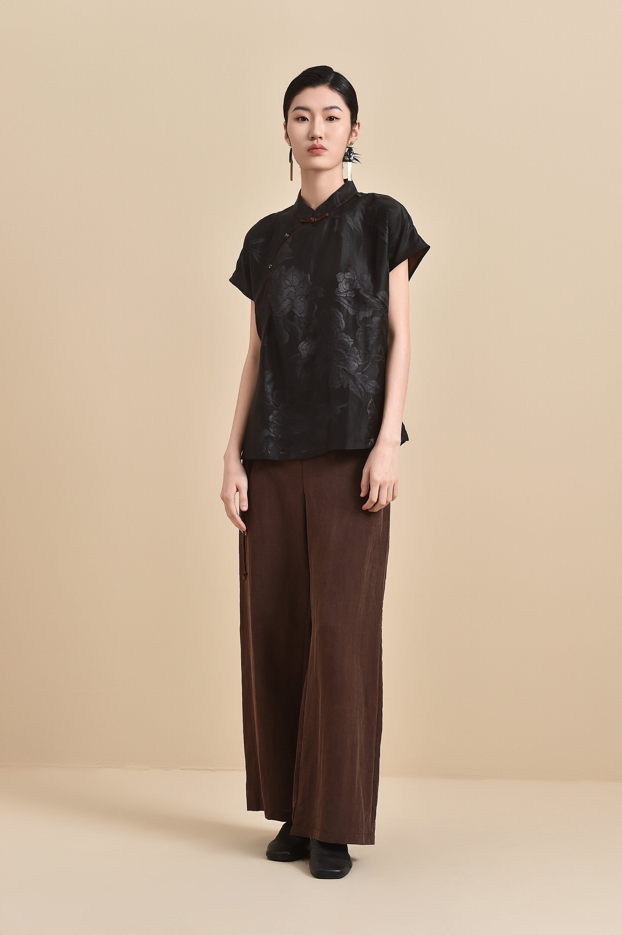 Wide-Leg Pants in Brown 100% Mulberry Silk Tortoise Cracked Mud Silk with Adjustable Waist Tie, Comfortable and Stylish Versatile Pants