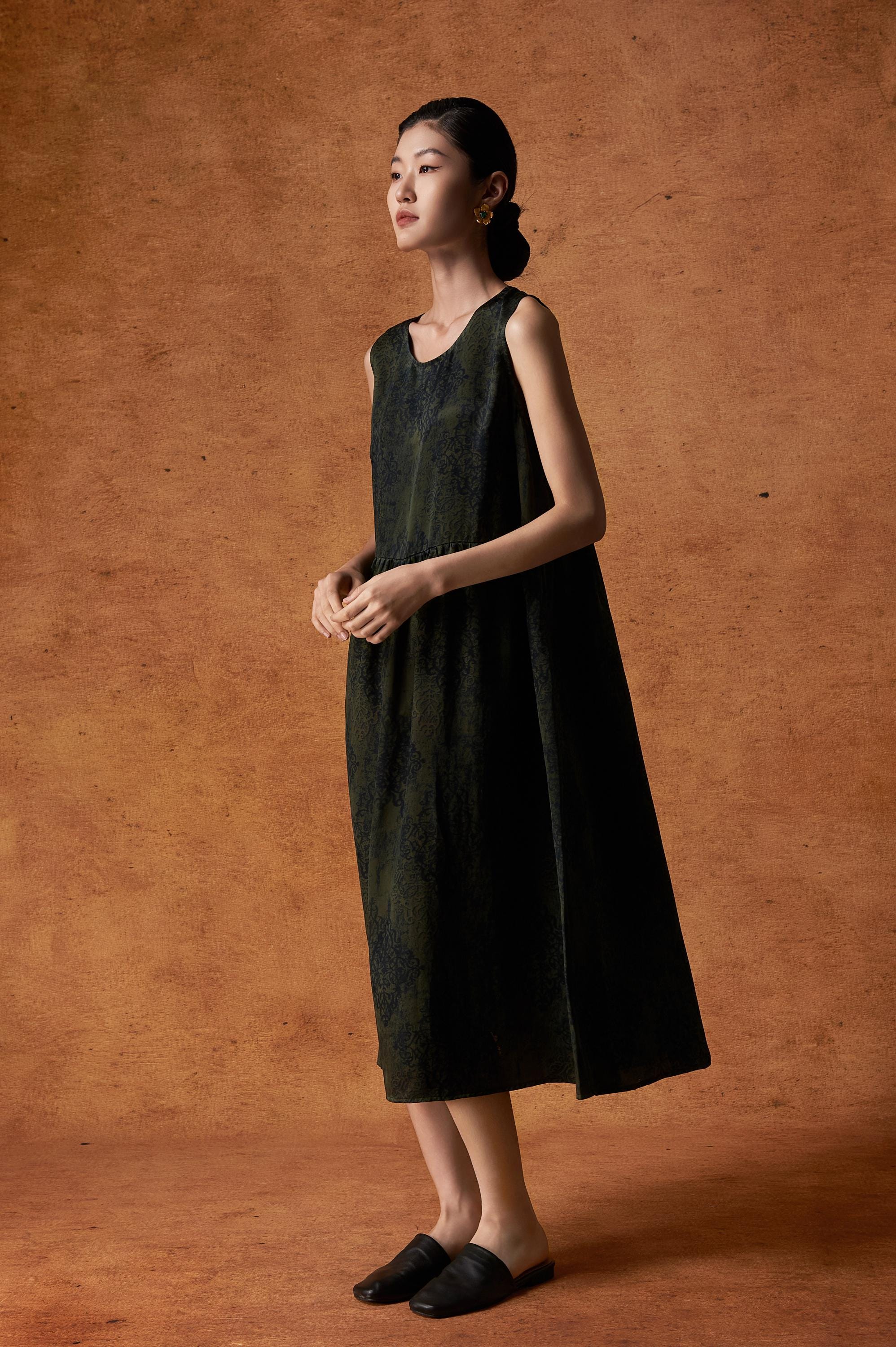 Olive Green Sleeveless Silk Dress with Pockets, 100% Mulberry Silk, Naturally Dyed Hua Luo Silk, A-Line Dress, Custom Size, Made to Order
