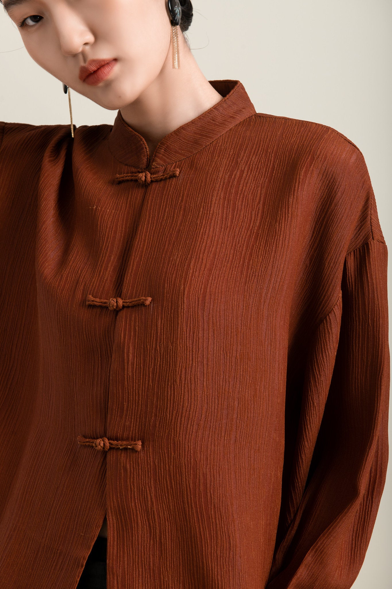 Sold Out - Availble in Other Silk/Color, Vintage Pleated Mud Silk Blouse w/ Frog Buttons - 100% Mulberry Silk Naturally Dyed, Made to Order