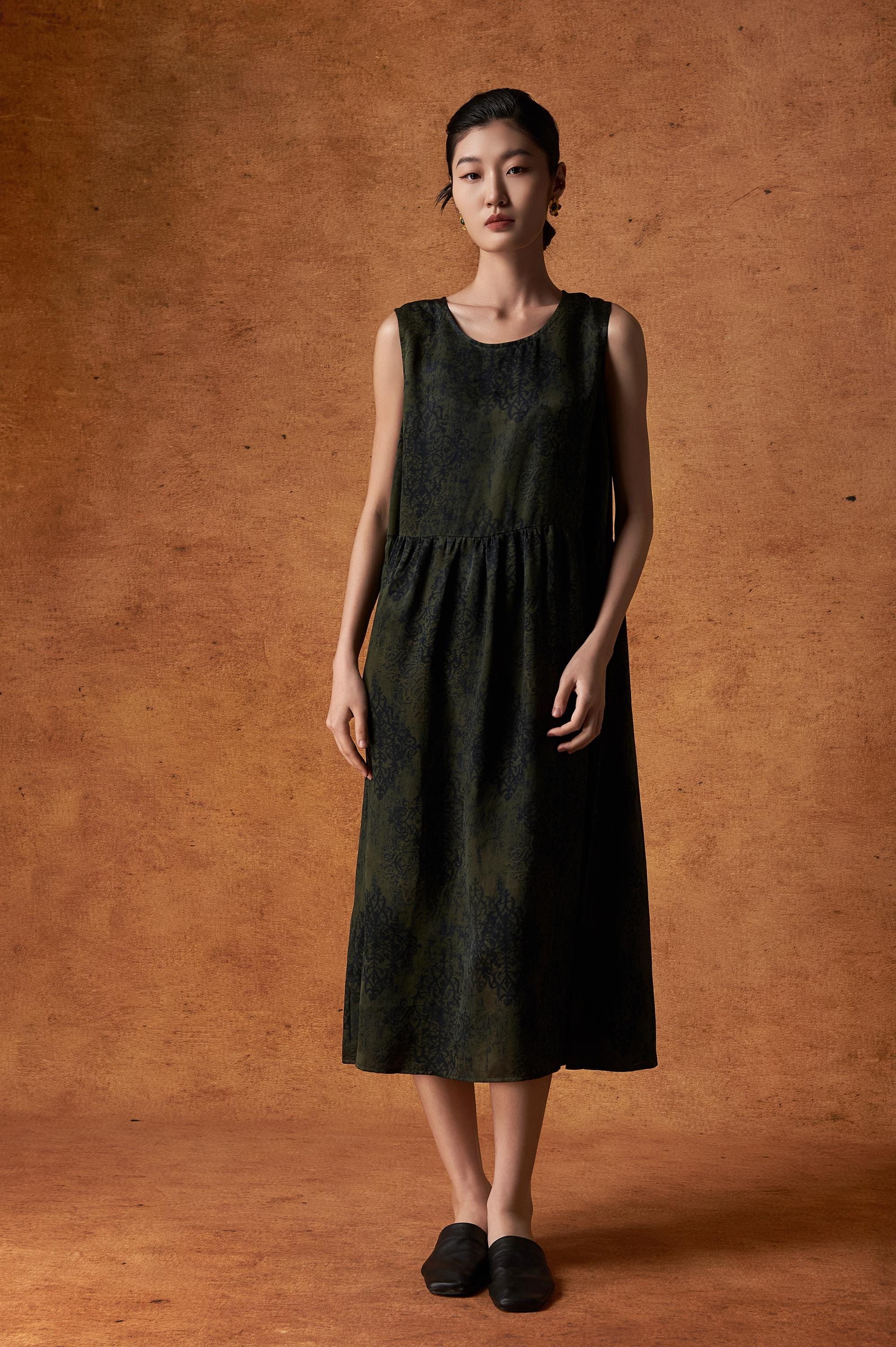 Olive Green Sleeveless Silk Dress with Pockets, 100% Mulberry Silk, Naturally Dyed Hua Luo Silk, A-Line Dress, Custom Size, Made to Order