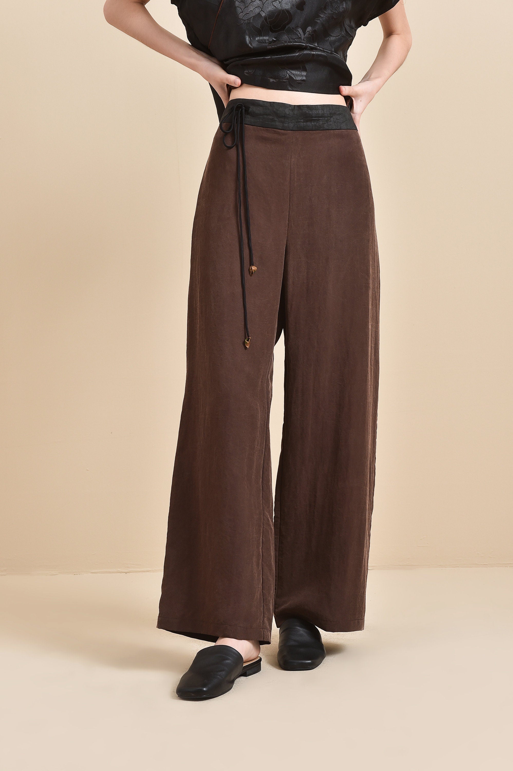 Wide-Leg Pants in Brown 100% Mulberry Silk Tortoise Cracked Mud Silk with Adjustable Waist Tie, Comfortable and Stylish Versatile Pants