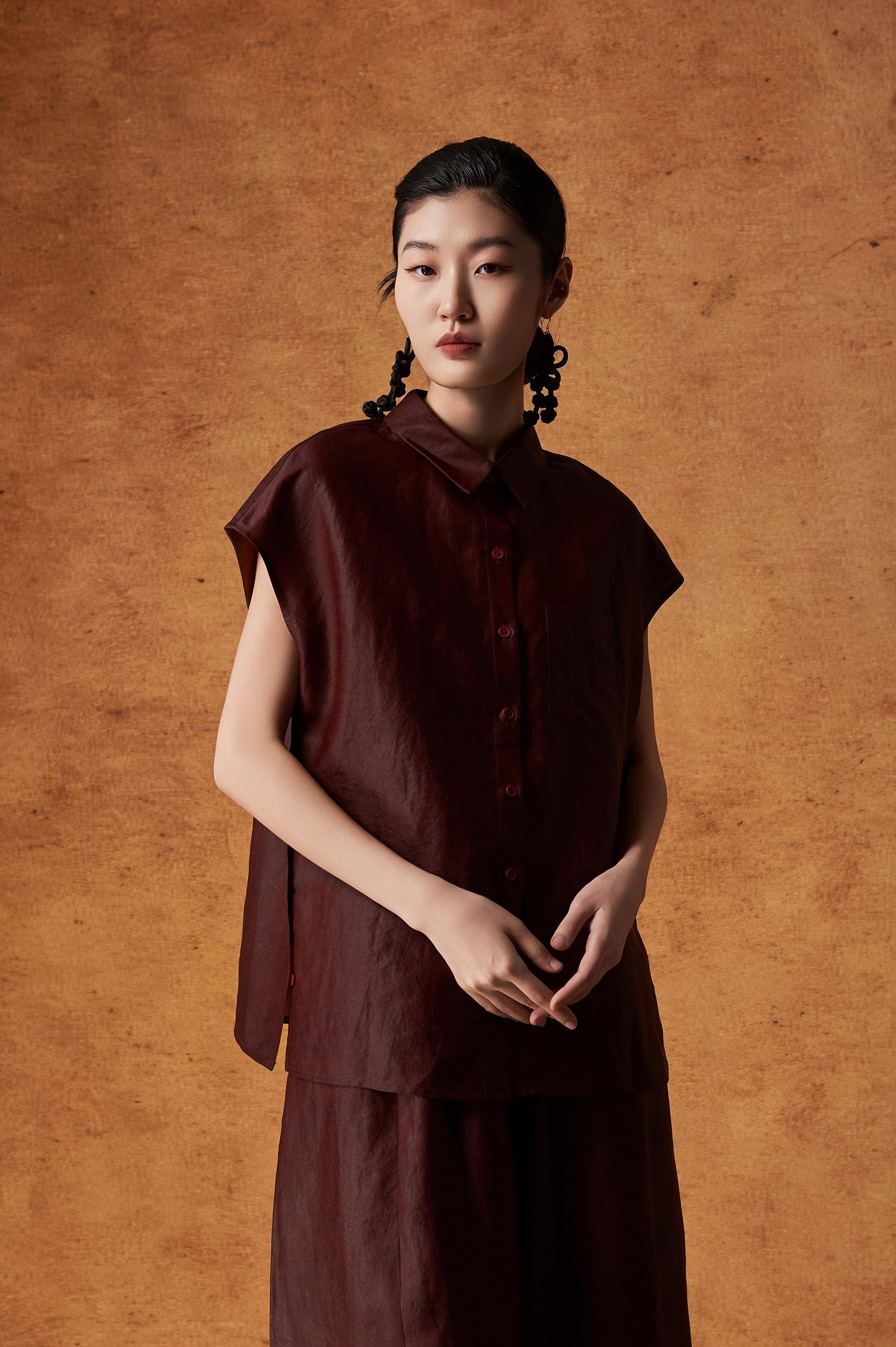 Burgundy Short-Sleeve Button-Up Versatile Silk Top 100% Mulberry Silk, Naturally Dyed, Relaxed Fit, Custom Size + Silk, Made to Order