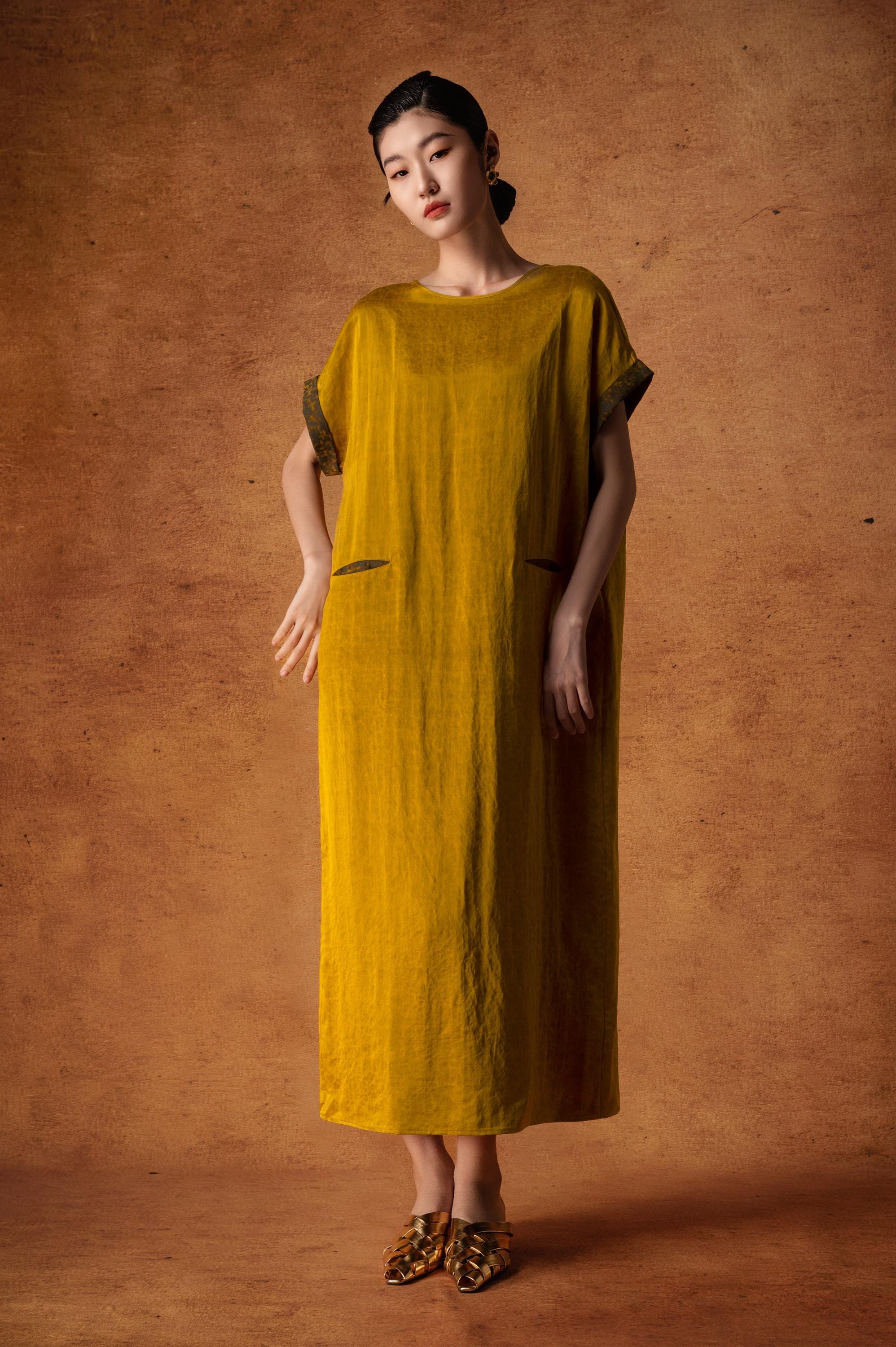 Elegant Golden Mud Silk Maxi Dress, 100% Mulberry Silk Naturally Dyed, Relaxed fit Statement Back Design 2 Pockets,Custom Size Made to Order