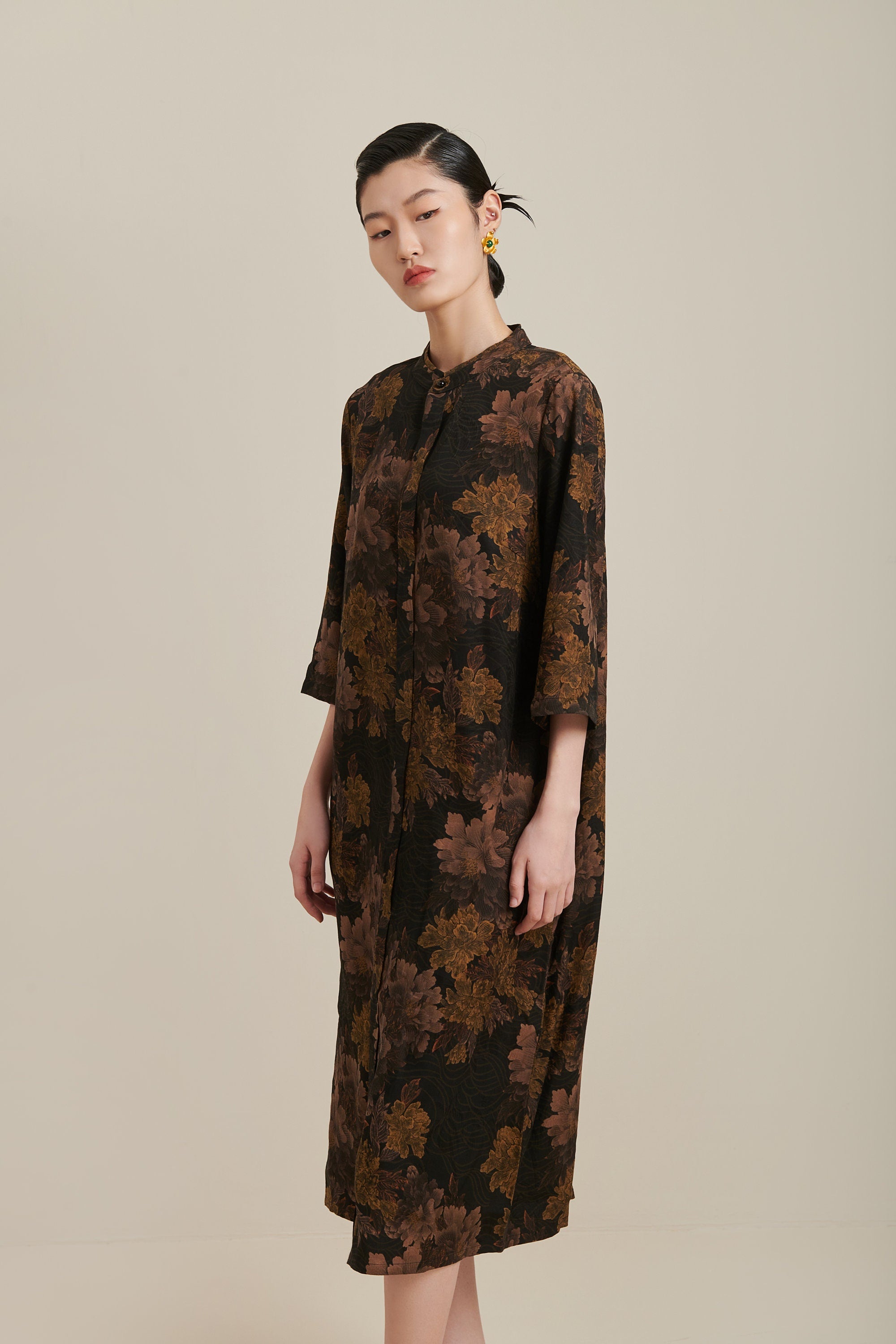 Midi Vintage Floral Mud Silk Dress, 100% Real Silk, Natural Plant Dyed, Also Available in Other Silk Fabrics, Custom Any Size, Made to Order