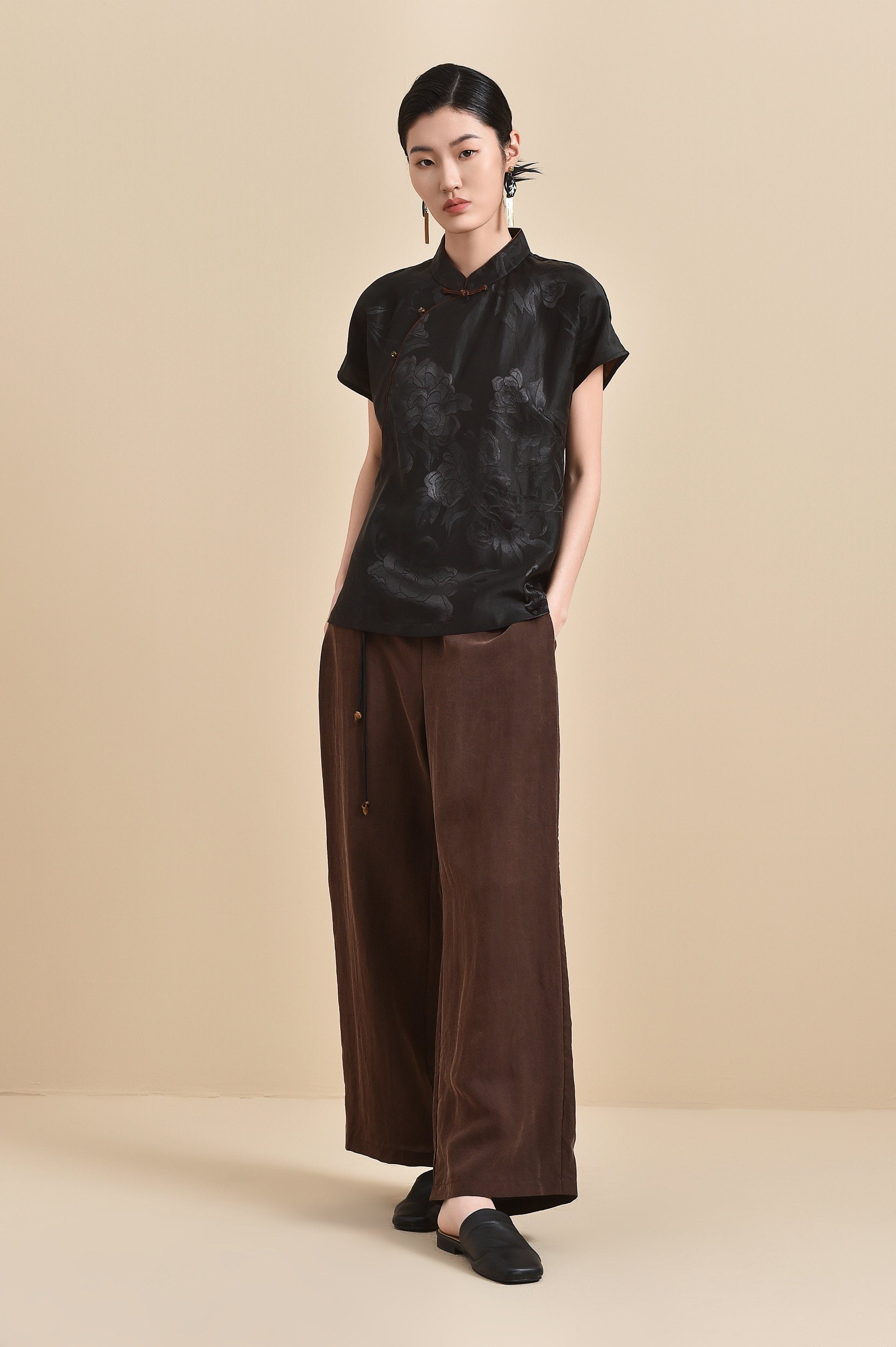 Wide-Leg Pants in Brown 100% Mulberry Silk Tortoise Cracked Mud Silk with Adjustable Waist Tie, Comfortable and Stylish Versatile Pants