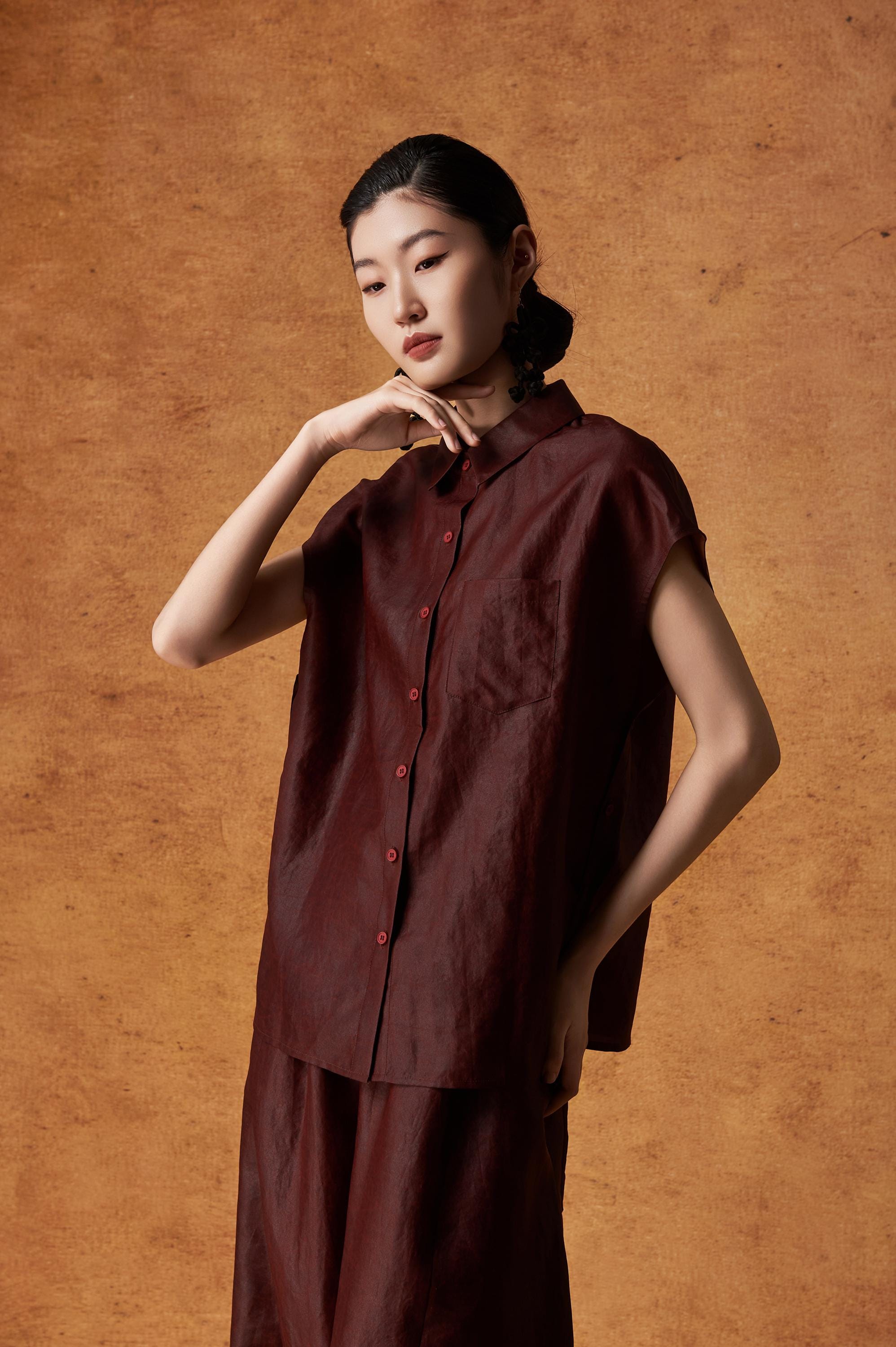 Burgundy Short-Sleeve Button-Up Versatile Silk Top 100% Mulberry Silk, Naturally Dyed, Relaxed Fit, Custom Size + Silk, Made to Order