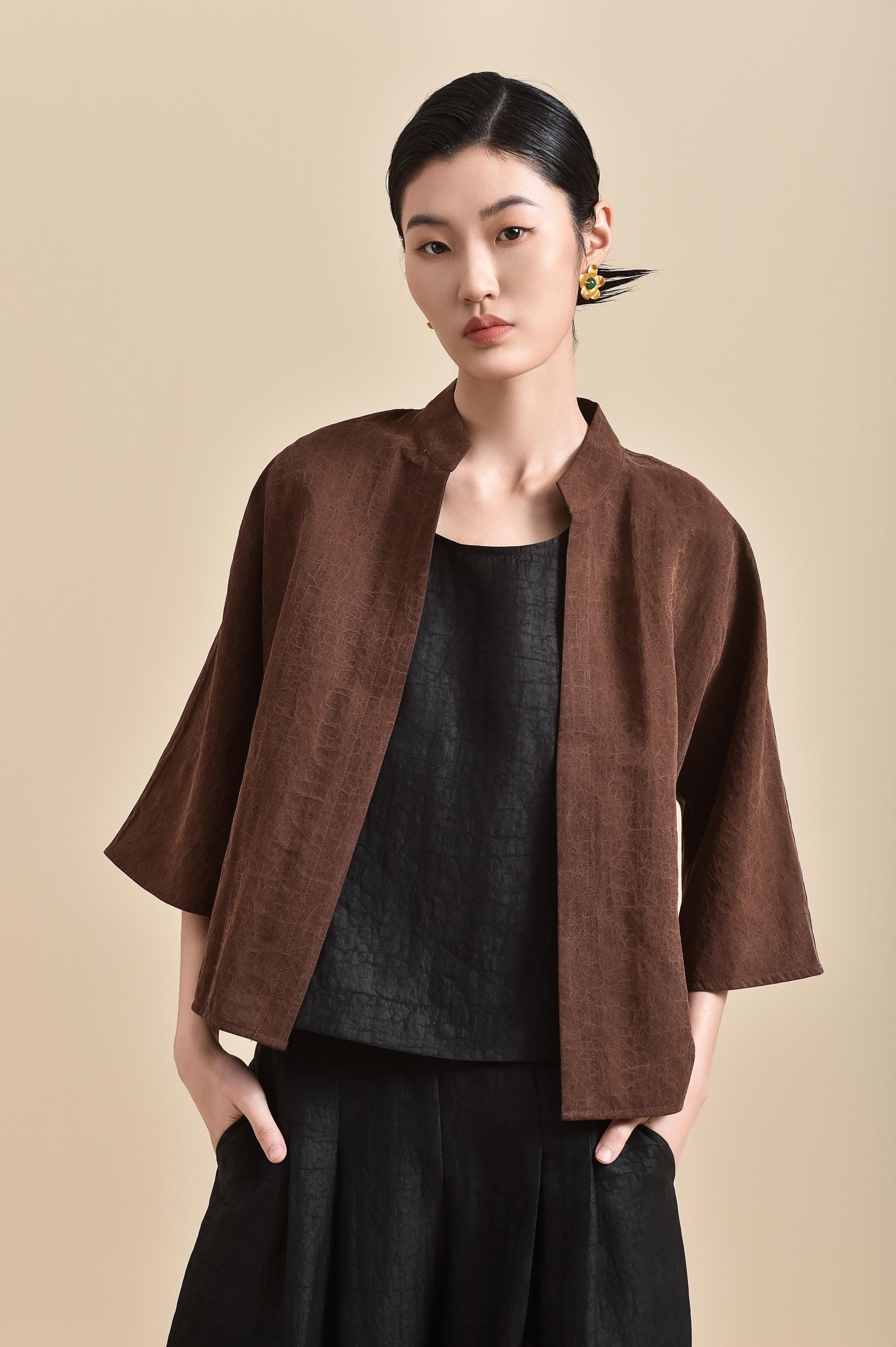 Reversible Mud Silk Kimono-Inspired Jacket, 100% Mulberry Silk Naturally Dyed Minimalist Open Front Jacket Choose Your Fabrics Made to Order