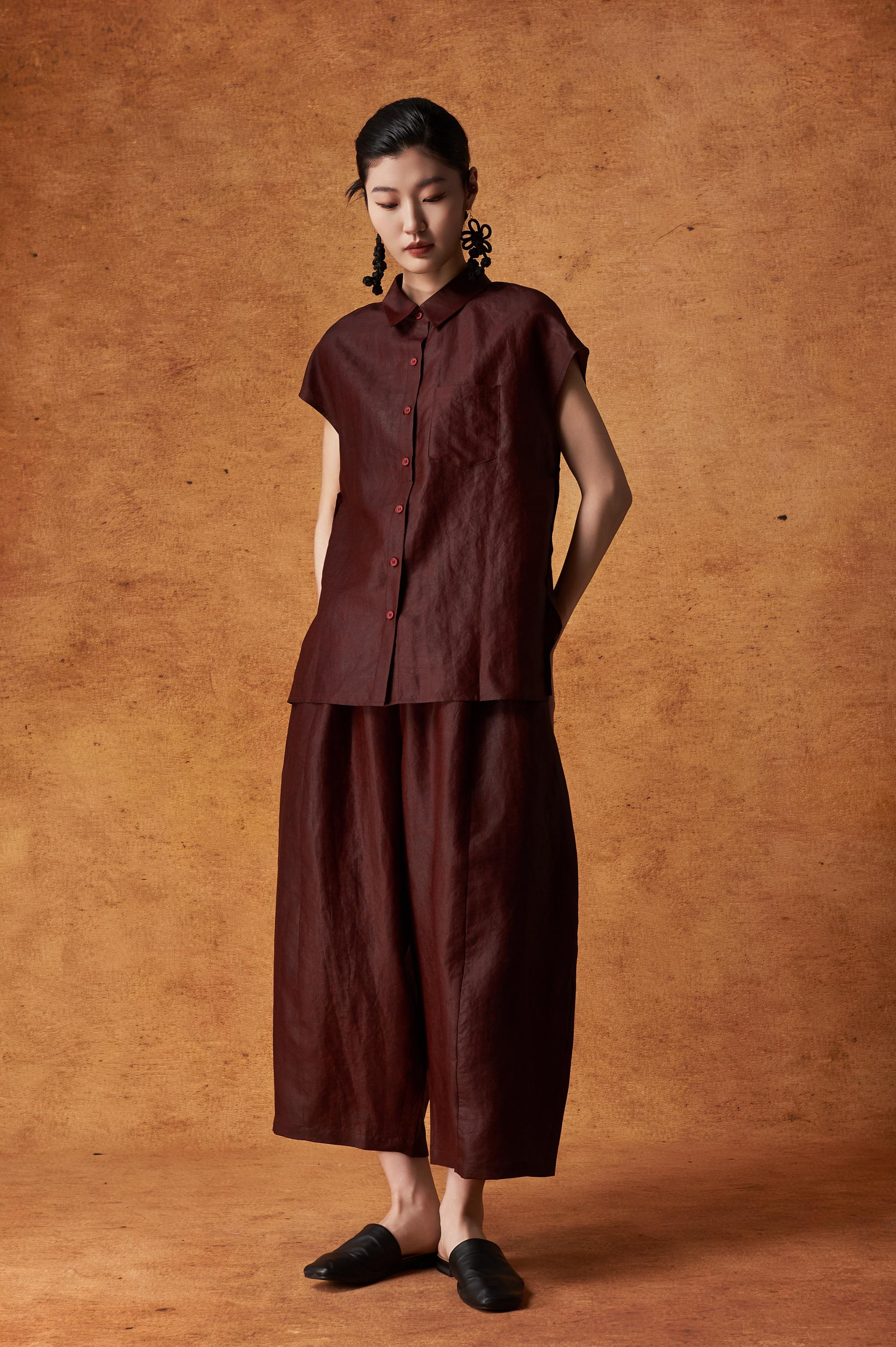Burgundy Short-Sleeve Button-Up Versatile Silk Top 100% Mulberry Silk, Naturally Dyed, Relaxed Fit, Custom Size + Silk, Made to Order