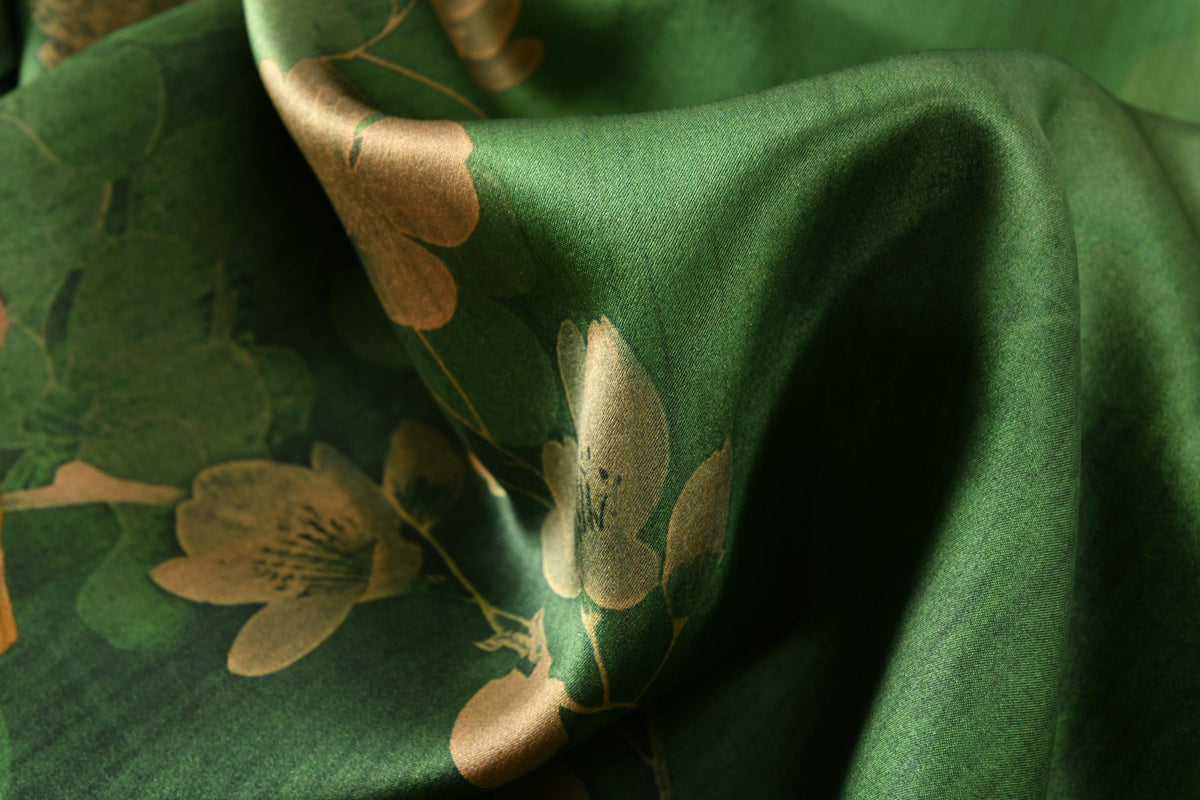 Green Floral Bird Heavyweight Mud Silk Boxy Blouse