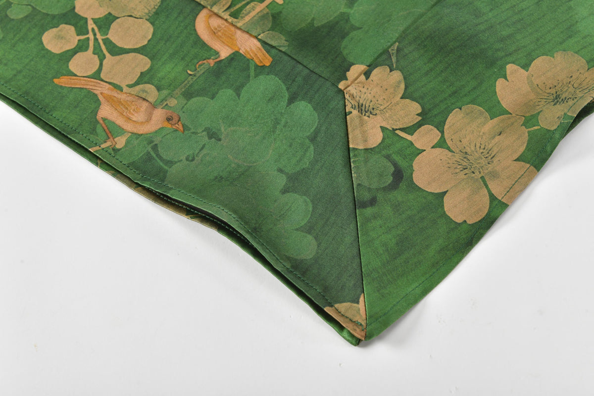 Green Floral Bird Heavyweight Mud Silk Boxy Blouse
