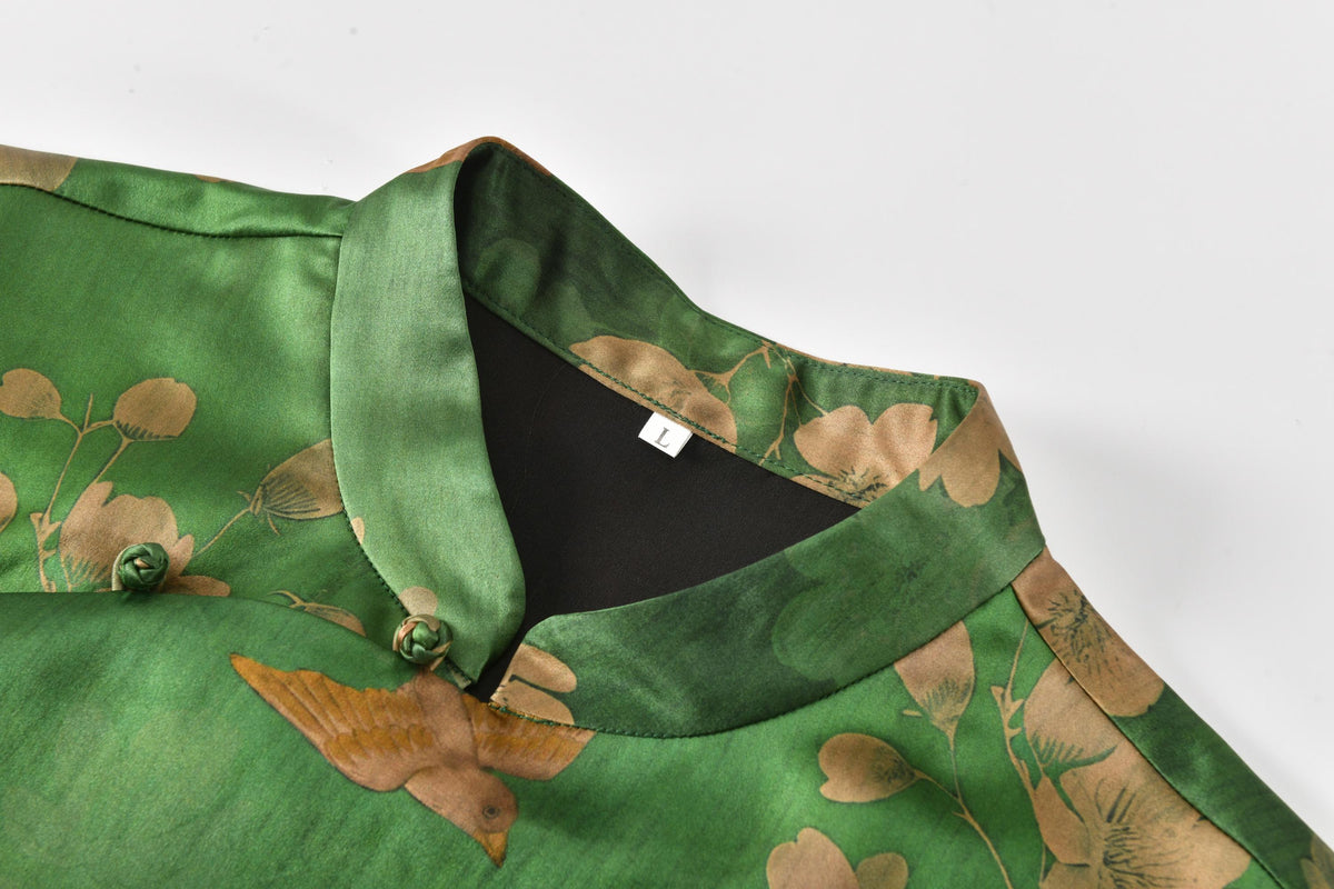 Green Floral Bird Heavyweight Mud Silk Boxy Blouse