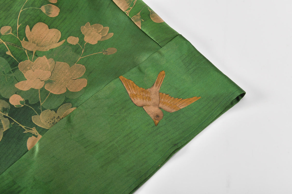 Green Floral Bird Heavyweight Mud Silk Boxy Blouse