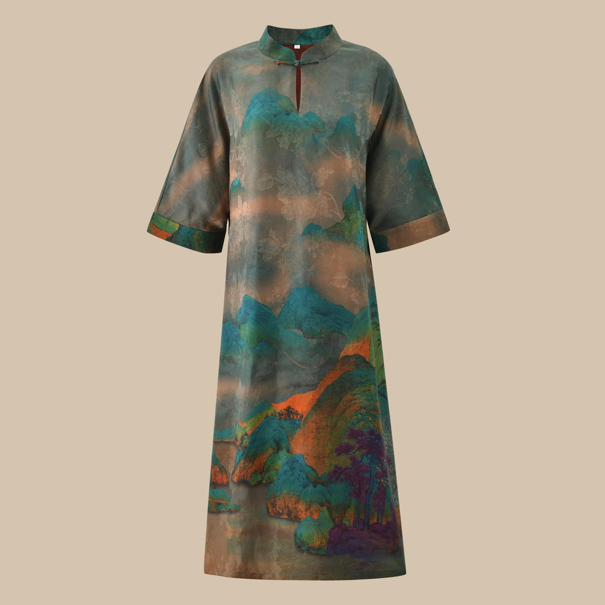 Mountain Landscape Hua Luo Silk Cheongsam Dress
