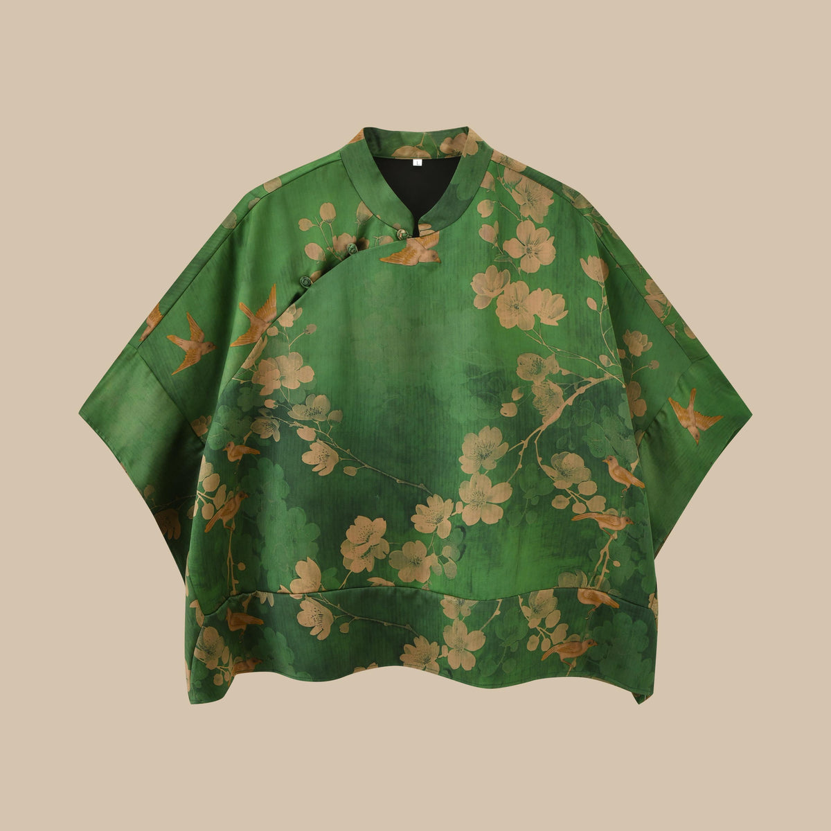 Green Floral Bird Heavyweight Mud Silk Boxy Blouse